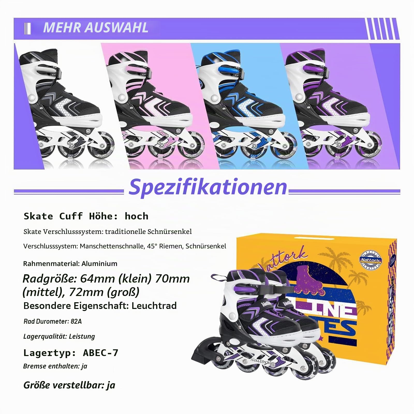 Nattork Inliner für Kinder Verstellbare Inline Skates, 4 Größen Kinder Inline Roller Skates mit Beleuchteten, Kinder Inliner Rollschuhe für Anfänger