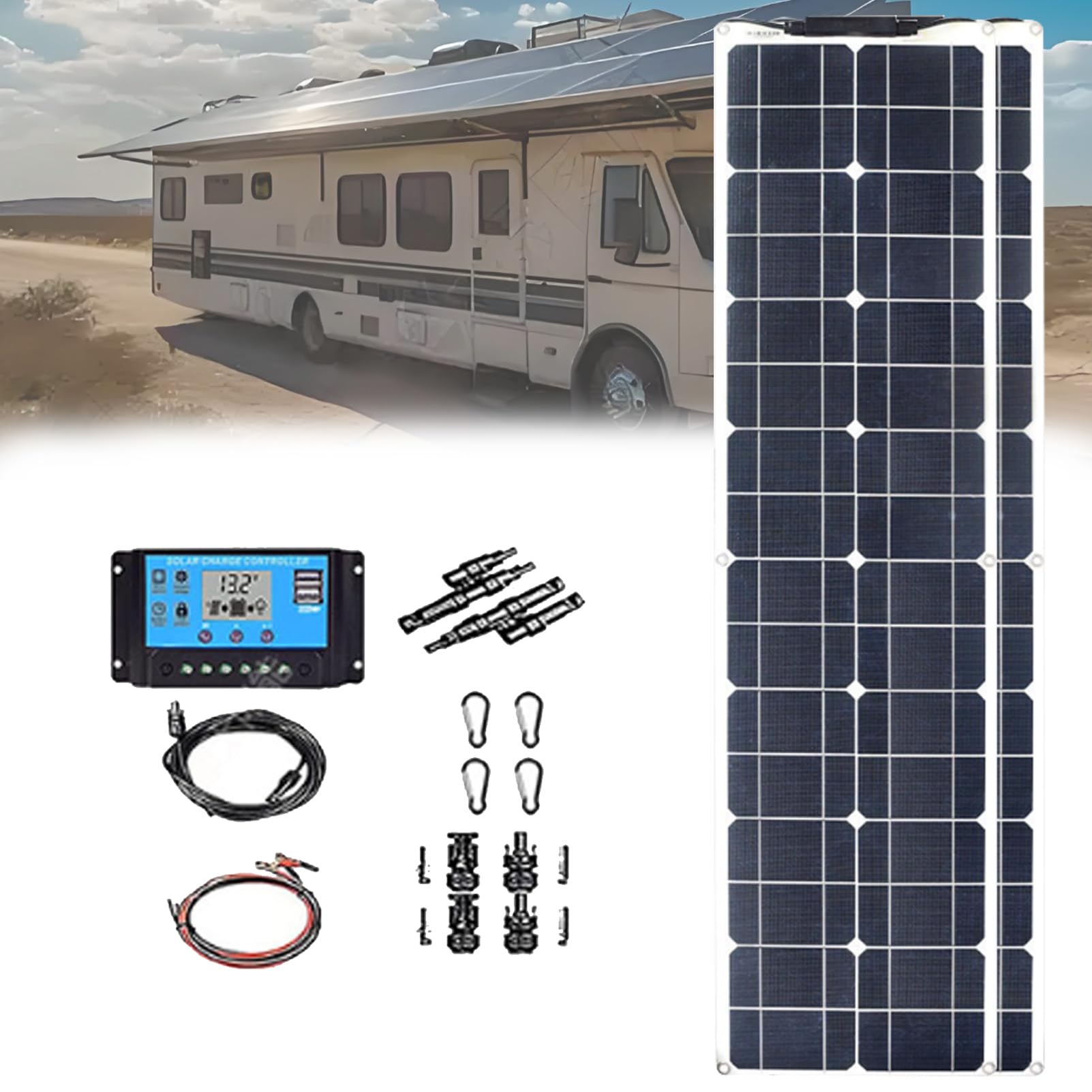 Pannello Solare Flessibile, Kit Pannello Solare Flessibile, monocristallino ETFe stratificato, 400 W, con regolatore 40 A, per Camper, Barca, Cabina, roulotte, roulotte. 2×200w