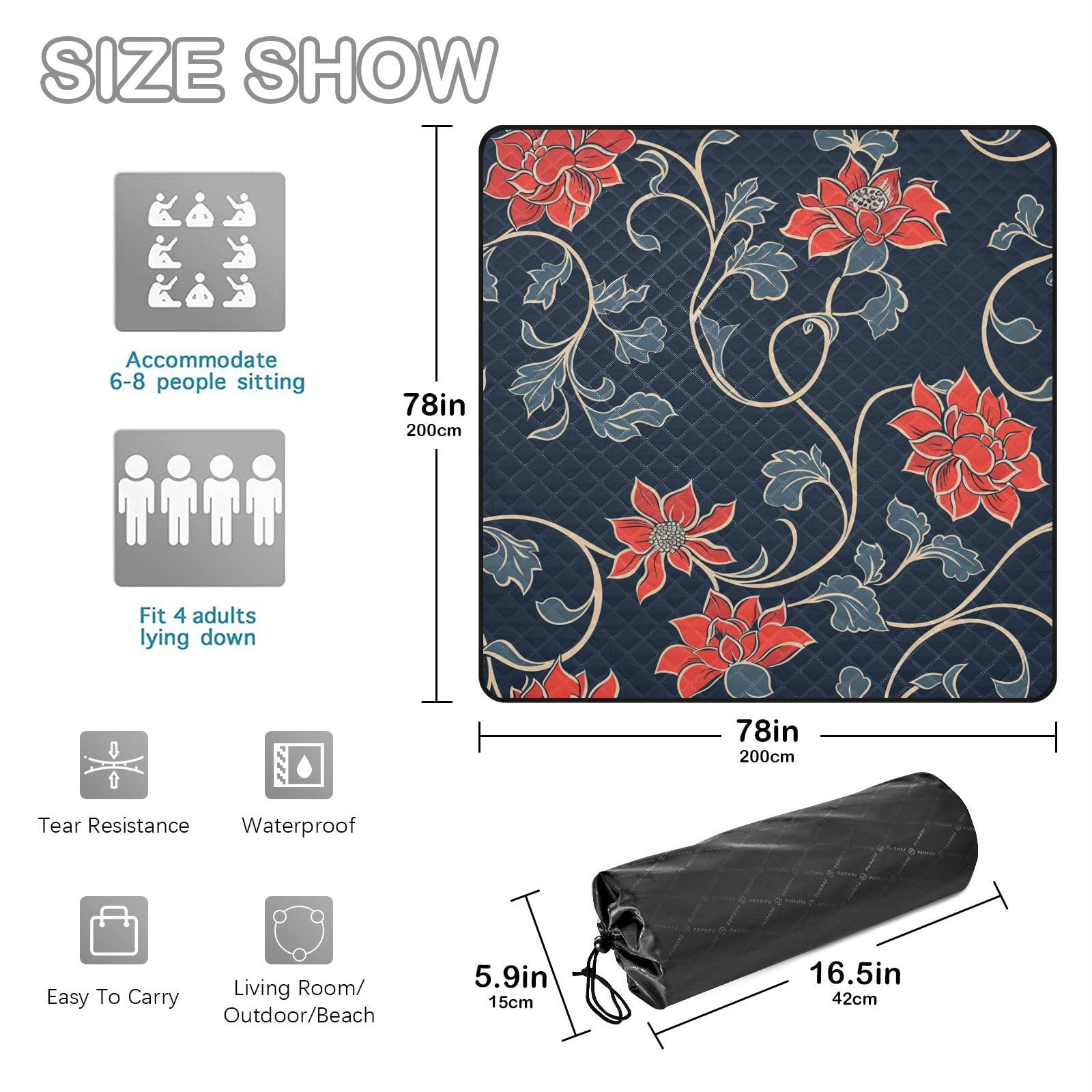 Mantas de picnic con diseño floral tradicional, color rojo, grande, plegable, para césped