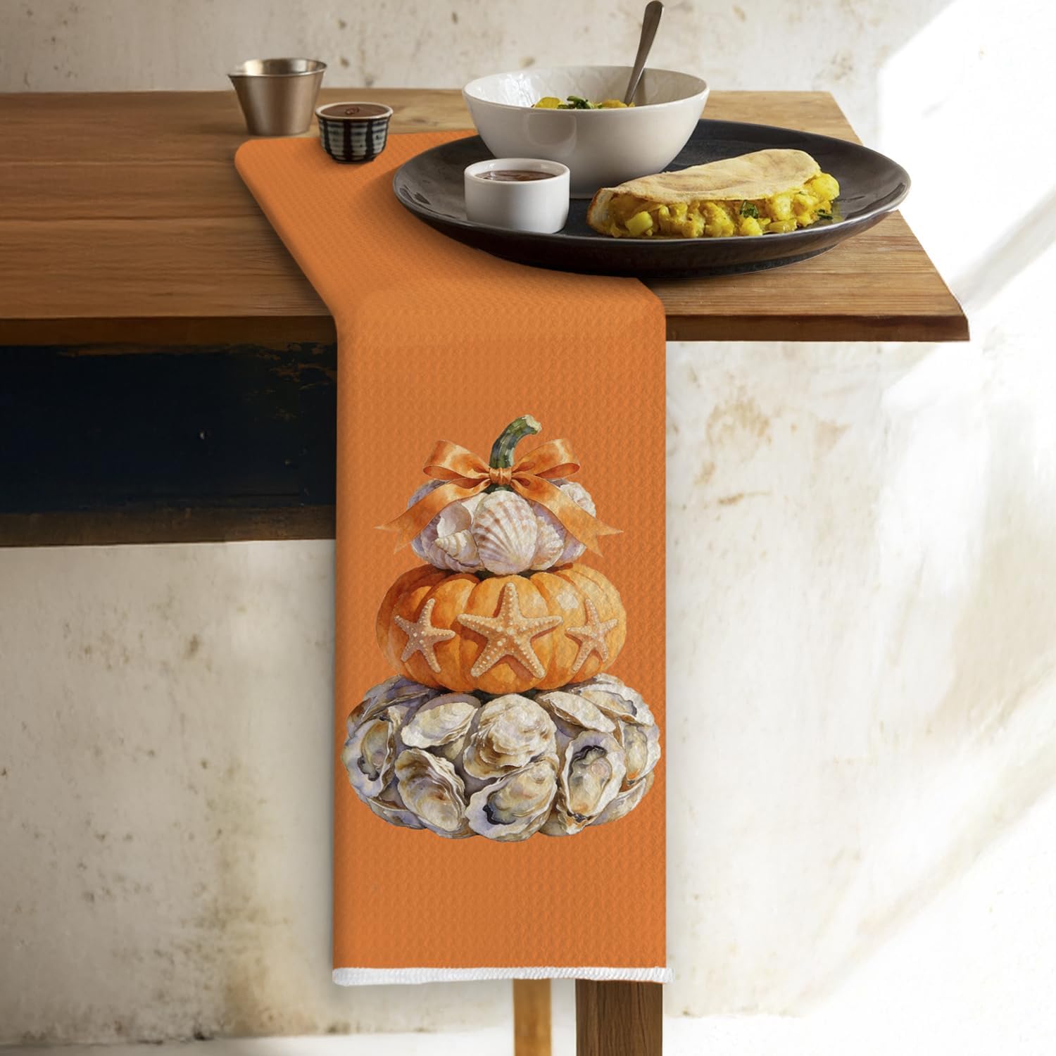 Coastal Fall Pumpkin Oyster Kitchen Dish Towels 16x24 Inch
