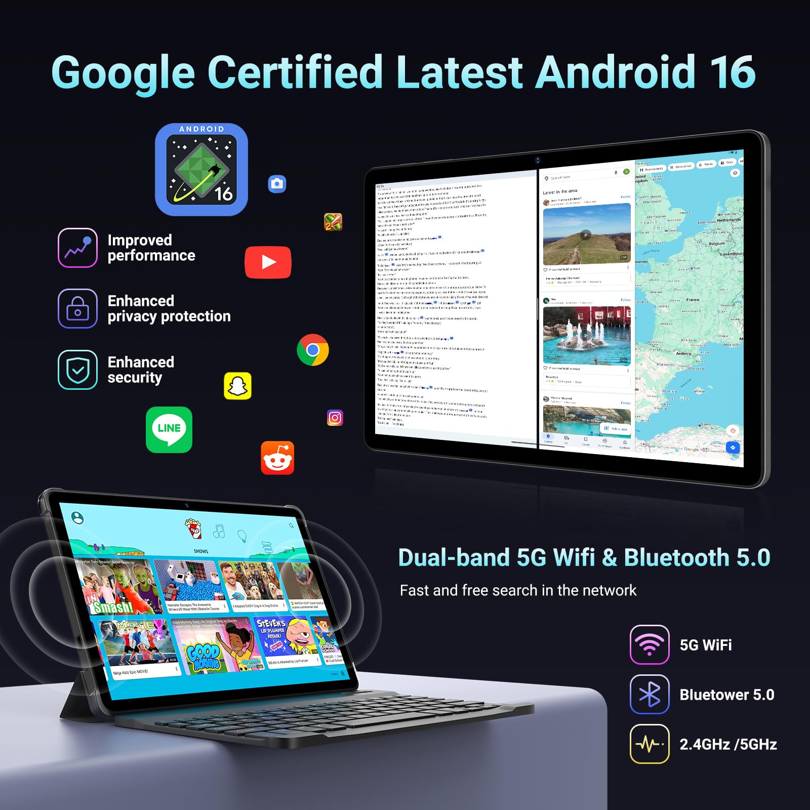 RUSHAR Tablet 11 Pollici Android 16 con 36GB RAM+512GB ROM (2TB TF), 5G/2.4G WiFi, Octa-Core 2.0GHz, 2000 * 1200, Widevine L1, 8000mAh, 13MP+8MP, GPS, Face ID, BT 5.0, Tablet con Tastiera, Grigio