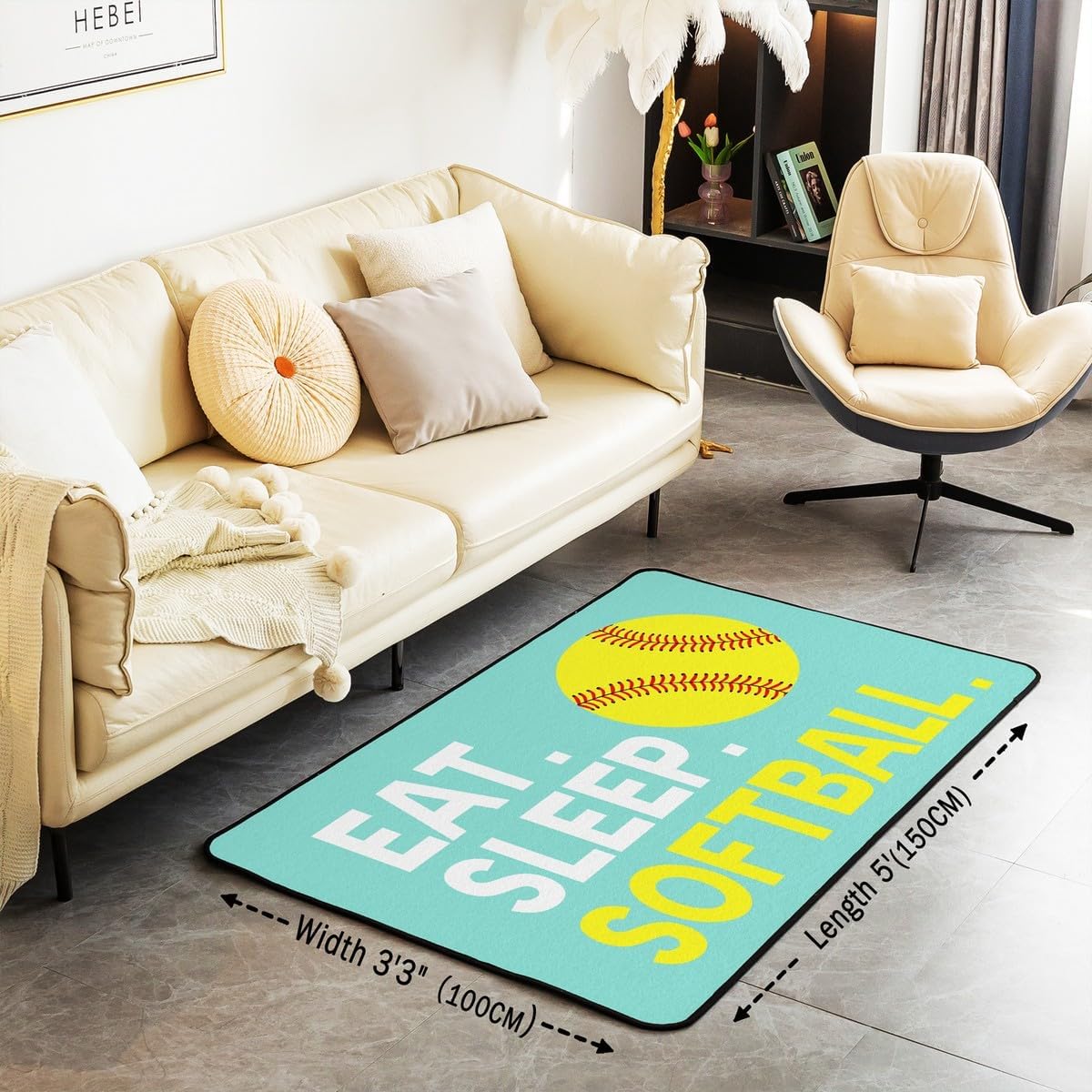 Feelyou Softball Area Rug 3x5 Green Sports Game Living Room Rugs for Bedroom Kids Adults Softball Gaming Decorative Rug Mat Softball Lover Indoor Floor Mat Non-Slip Accent Rug