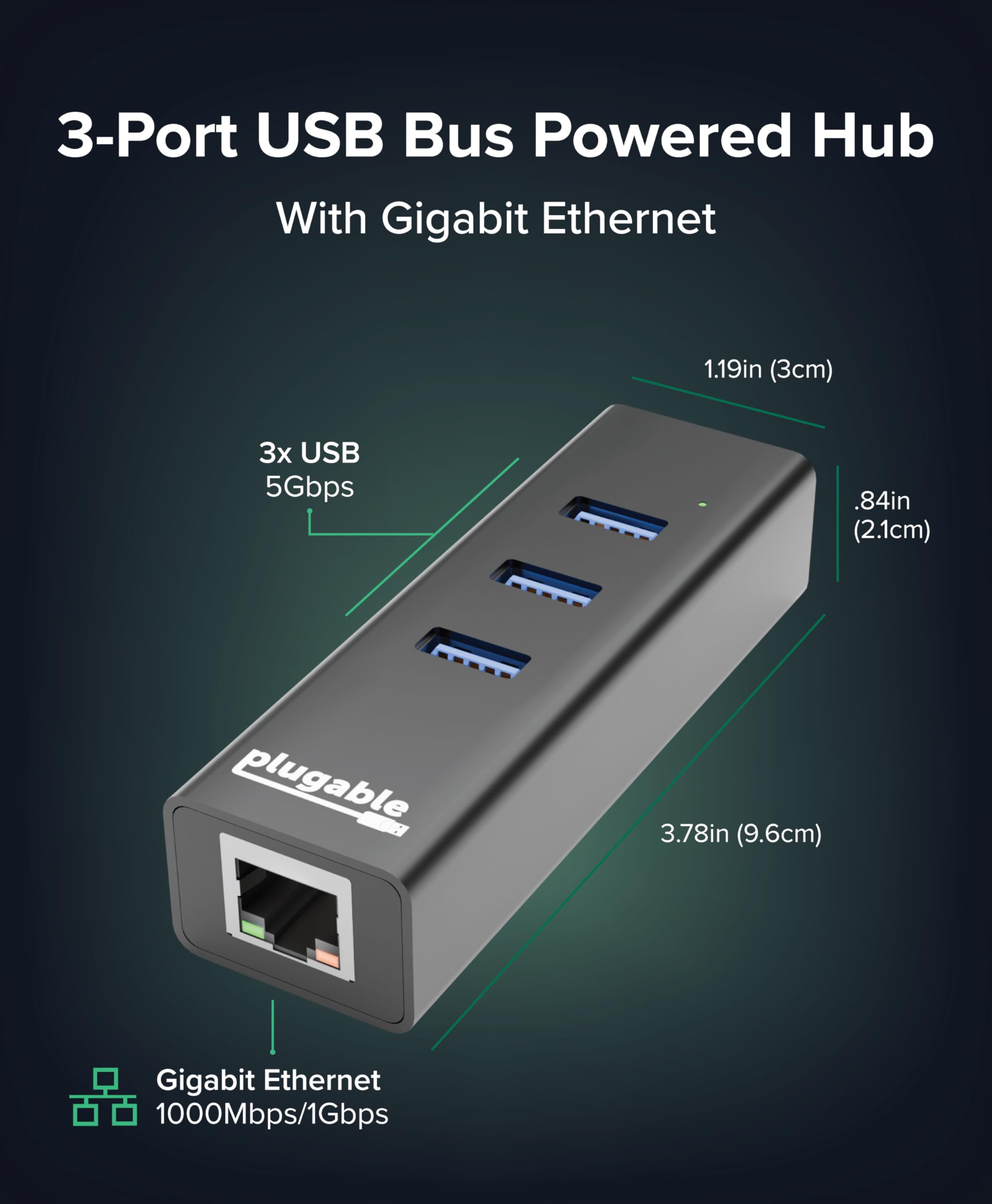 Hub portatif Plugable USB 3.0 avec Ethernet – hub 3 ports USB 3.0 alimenté par bus avec Gigabit Ethernet pour Windows, MacBook, Linux, Chrome OS (câbles USB-C et USB 3.0 inclus).