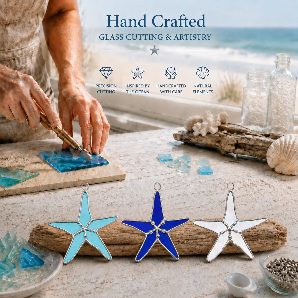 Stained Glass Multi-Color Cobalt/Aqua/Iridescent Starfish 3" Suncatcher 3pk | ocean wall art accent for windows, bedrooms, living room decor, Home Decor, gifts for women,offices and thoughtful gifts
