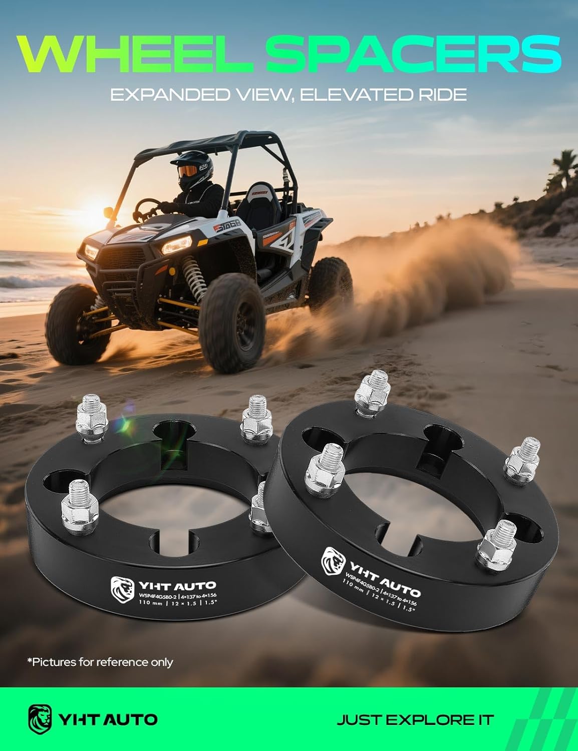 YHTAUTO 4x137 to 4x156 Wheel Adapters 1.5 Inch Compatible with Honda Pioneer, Bombardier, Can-Am, Kawasaki, Tire Spacers w/ 12x1.5 & 12.9 Grade Studs, 110mm Center Bore 4 Lug 2PCS Black