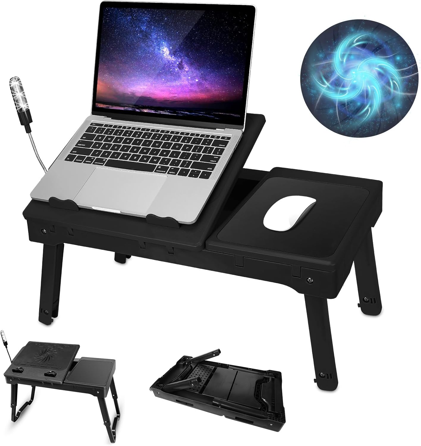 Foldable Laptop Table with Cooling Fan, LED Light, 4 x USB Ports, Mouse Pad & Storage Groove for Laptop Use in Home Office