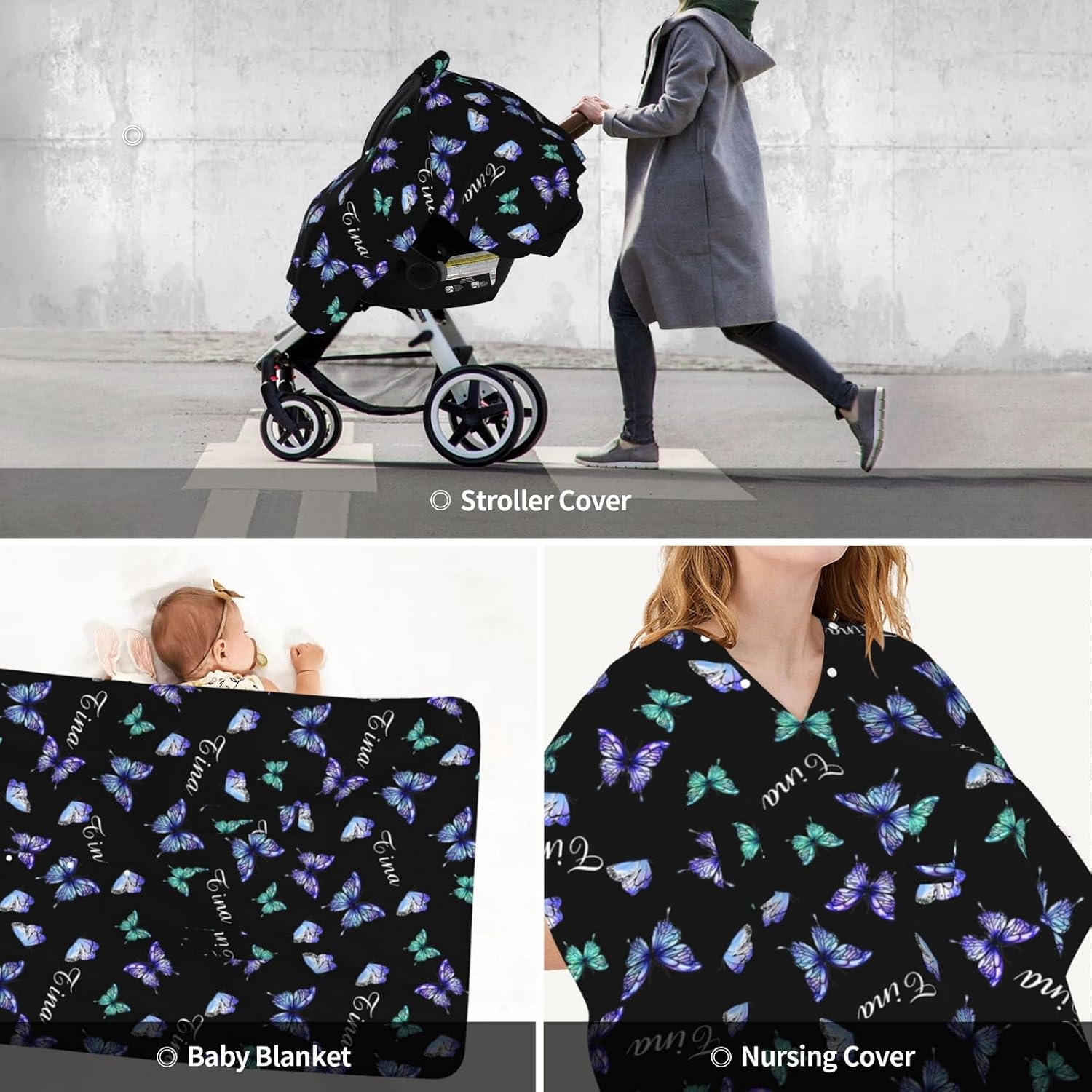 Personalized Baby Car Seat Canopy for Babies with Name, Custom Stroller Car Seat Covers for Girls, Minky Nursing Carseat Cover for Breastfeeding, Car Seat Canopies for Newborn (Colorful Butterfly)