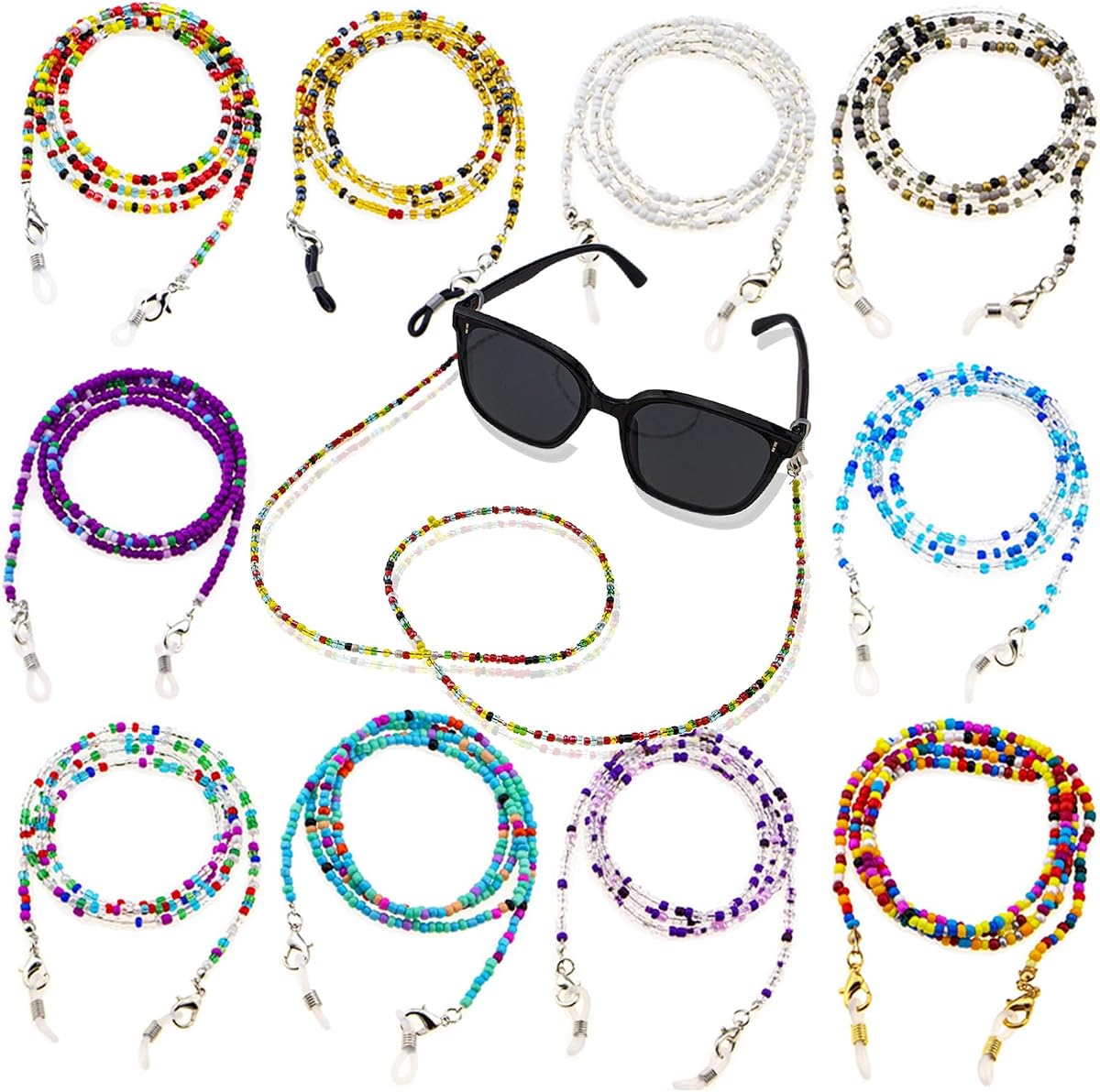 Paquete de 12 cadenas de gafas hechas a mano con cuentas para mujer, soportes para gafas de cuello