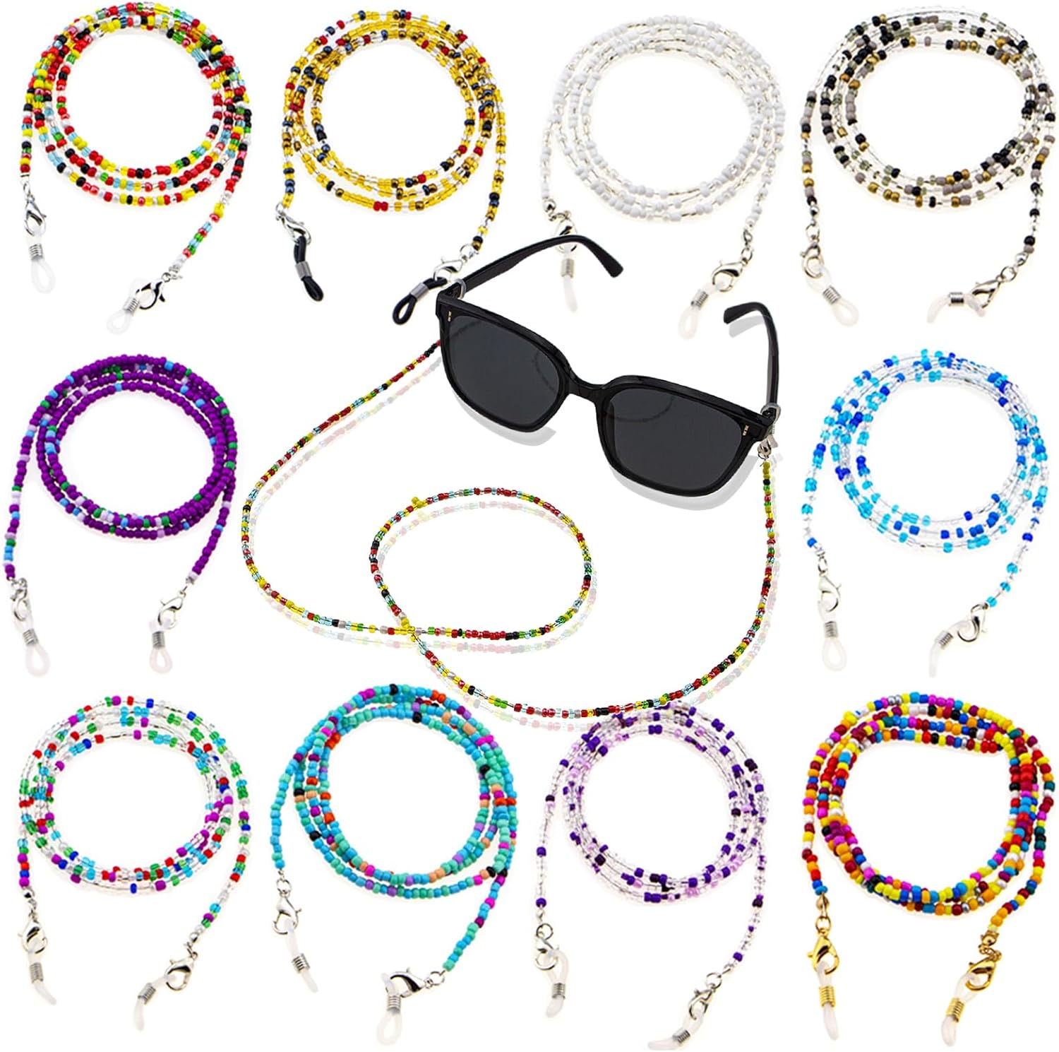 12 Pack Handmade Beaded Eyeglass Chains for Women - Colorful Acrylic & Wire Glasses Necklace Holder with Anti-Slip Silicone Tips, Stylish Eyewear Strap for Glasses/Face Masks