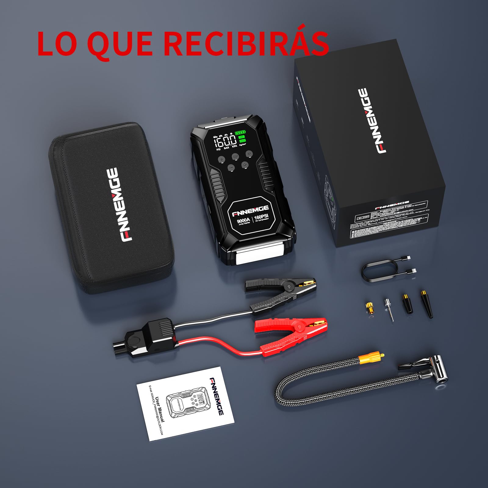 FNNEMGE Arrancador de Coches 9000A 26800mAh con 160PSI Compresor de Aire, Arrancador Batería Coche (para Todos los vehículos de Gasolina o de 12,0L de diésel), con Salida USB, Luz LED, Pantalla HD.