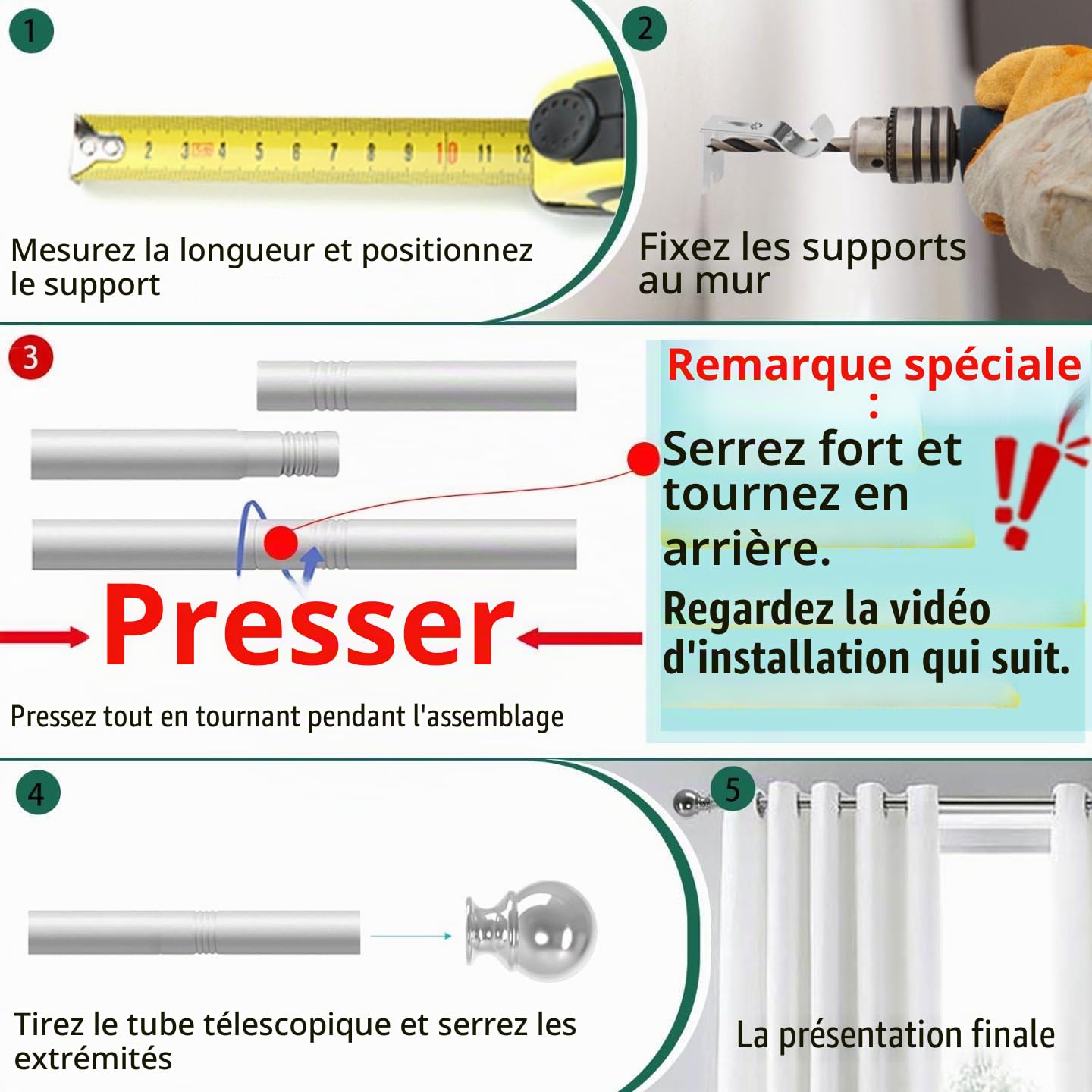 Tringle Rideau Noir Tringle à Rideaux Avec Embouts Décoratifs Et Supports Pour Fenêtre 25 Mm De Diamètre Pour Chambre à Coucher Salon Cuisine