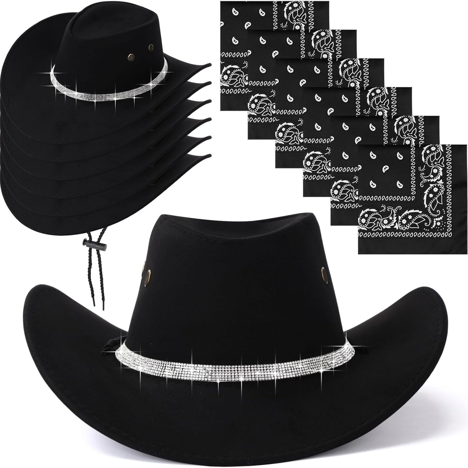 12 Pcs Western Cowboy Hats and Paisley Bandanas Sequin Trim Sparkly Halloween Accessory for Adults Women Men