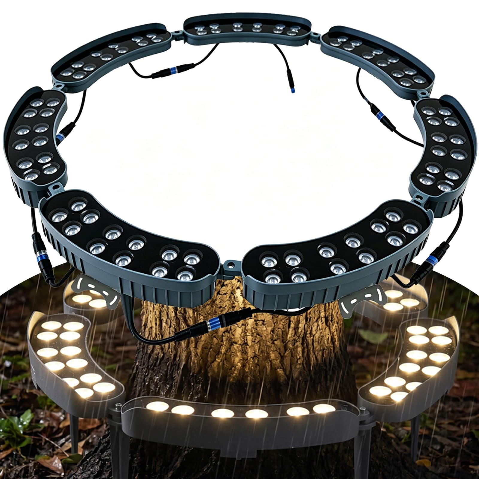 LLELEMAMO LED Ring Tree Light Outdoor Waterproof Landscape Spotlight, Die-Cast Aluminum Tree Hug Uplights with Ground Stake for Garden Pathway Accent, Circular Wrap Around Lamp (Warm White,Base-7pcs)