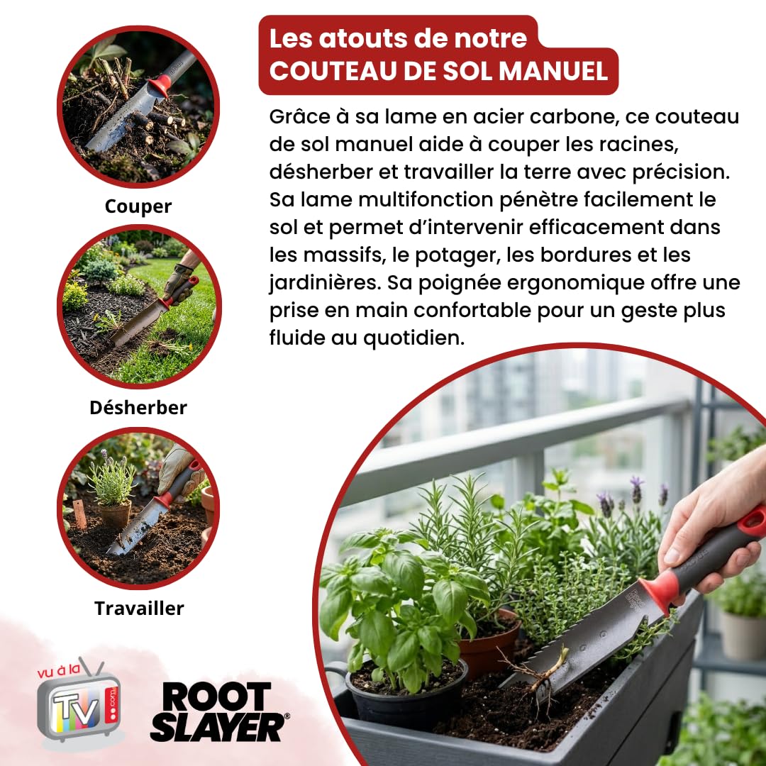 Venteo - Couteau de Sol Manuel Rootslayer | Lame Acier Carbone Dentée et Tranchant Lisse Affûtable | Desherbeur Manuel Précis pour Racines et Terre Compacte | Outils Jardinage Potager Massifs
