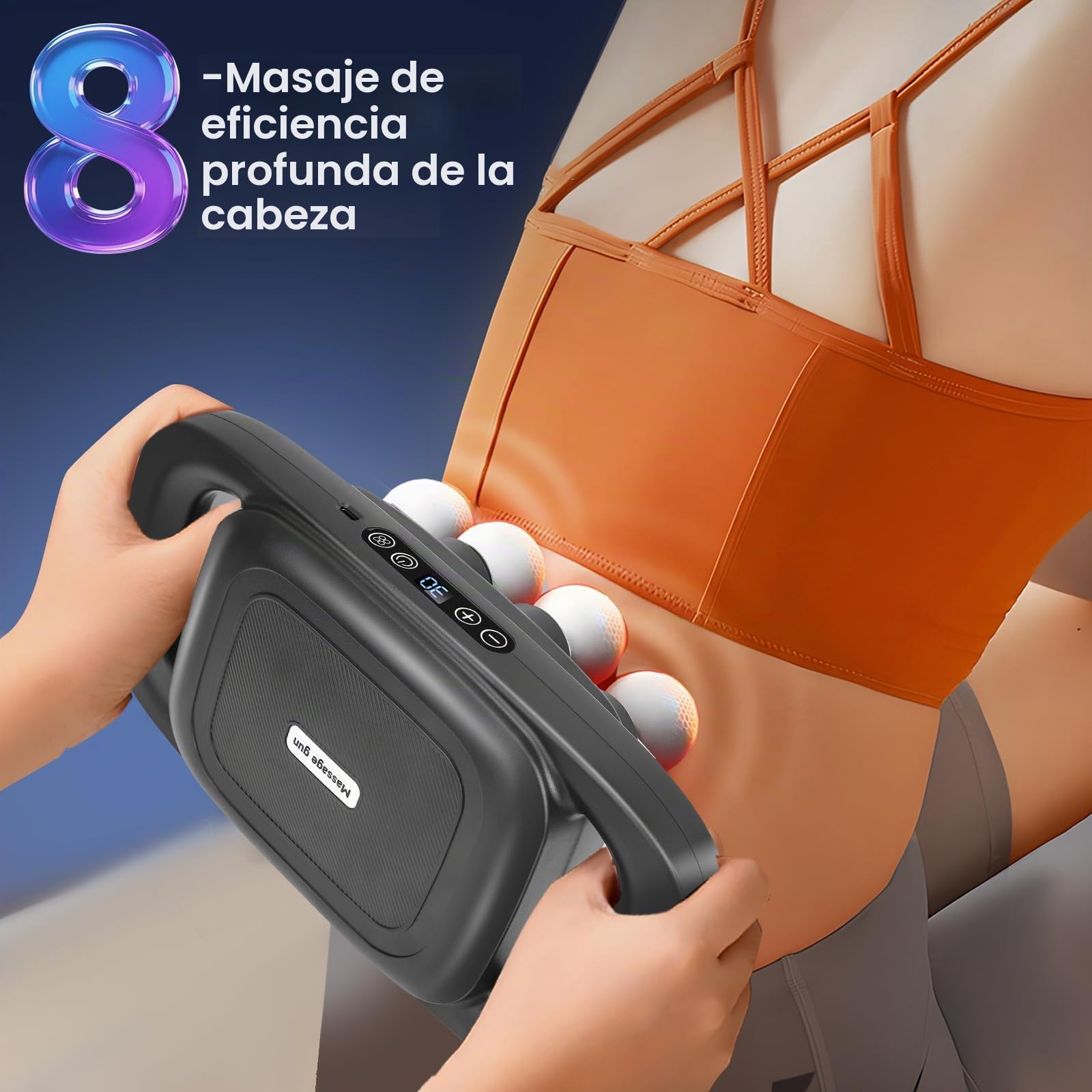 Pistola de masaje de 8 cabezas, aparato de masaje de 30 velocidades ajustables y 3 modos de masaje, pistola de masaje eléctrica con luz roja para espalda, nuca, piernas, muslos, hombros y pies (2)