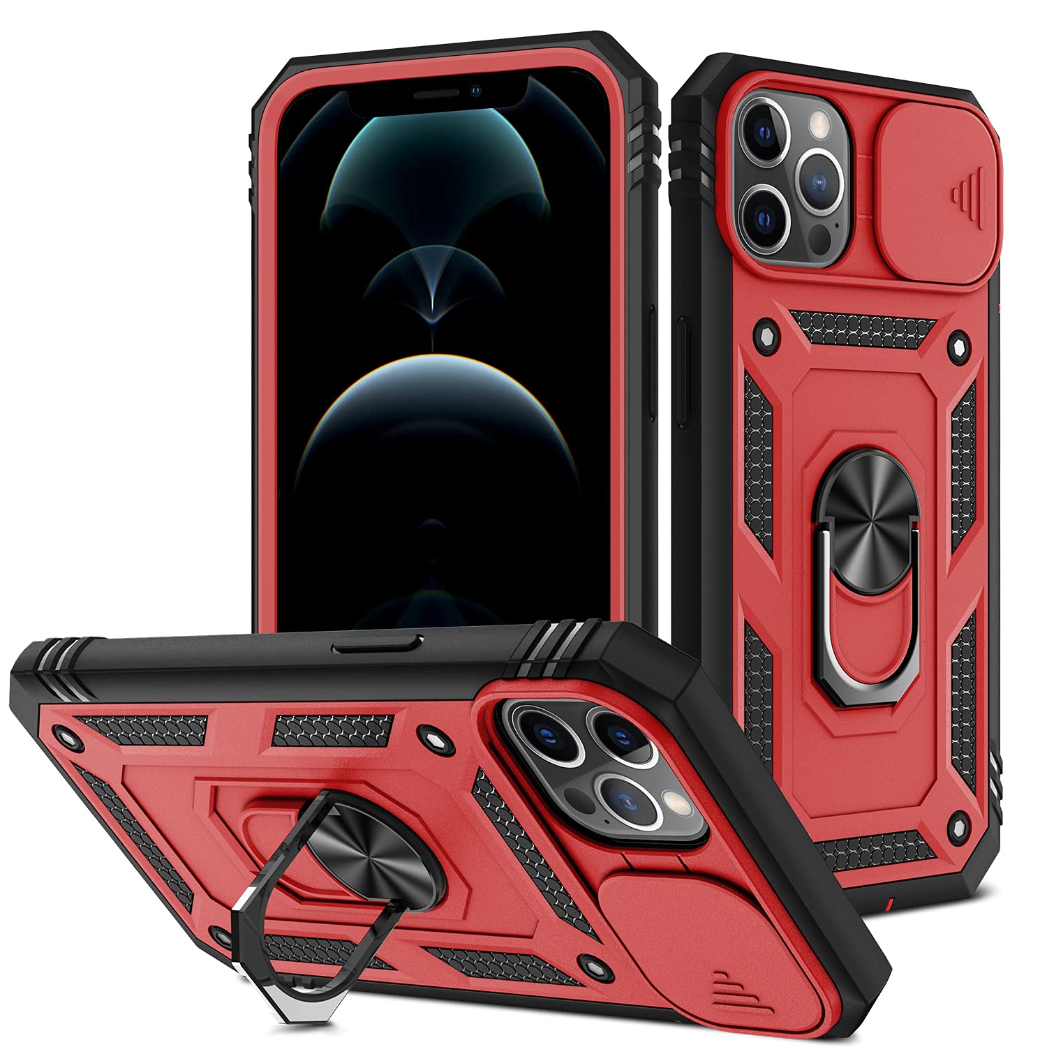 Whyzshiyi IPhone 12 Pro Max Hülle Mit Kamera-Schiebedeckel & Ringhalter – Militärischer Fallschutz, Rot, Nur Für 6.7 Zoll