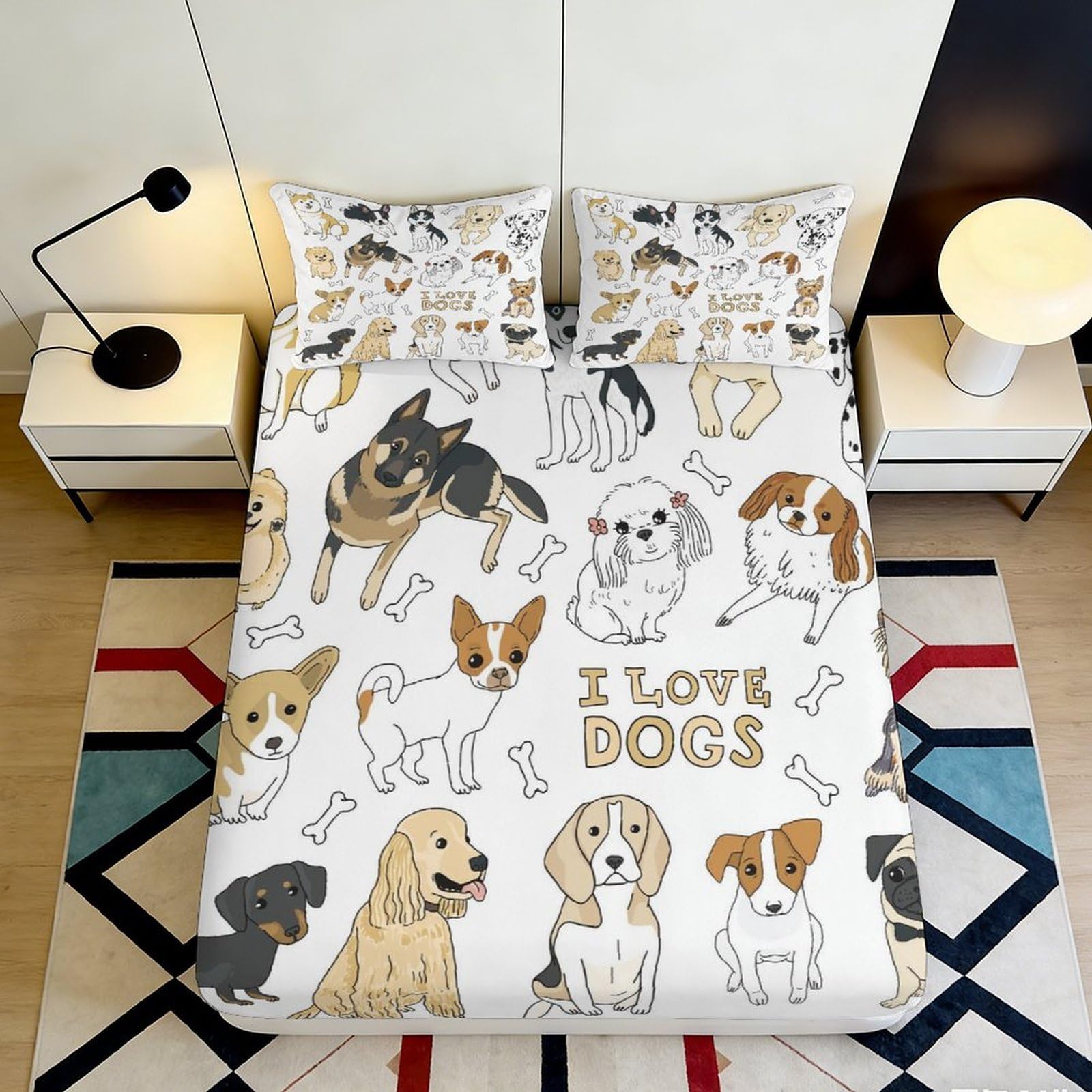 3D Printed Cute Dog Pattern Fitted Sheet Microfiber Soft Cartoon Puppy Bed Sheet for Bedroom Guest Room Decor 90x200x25cm