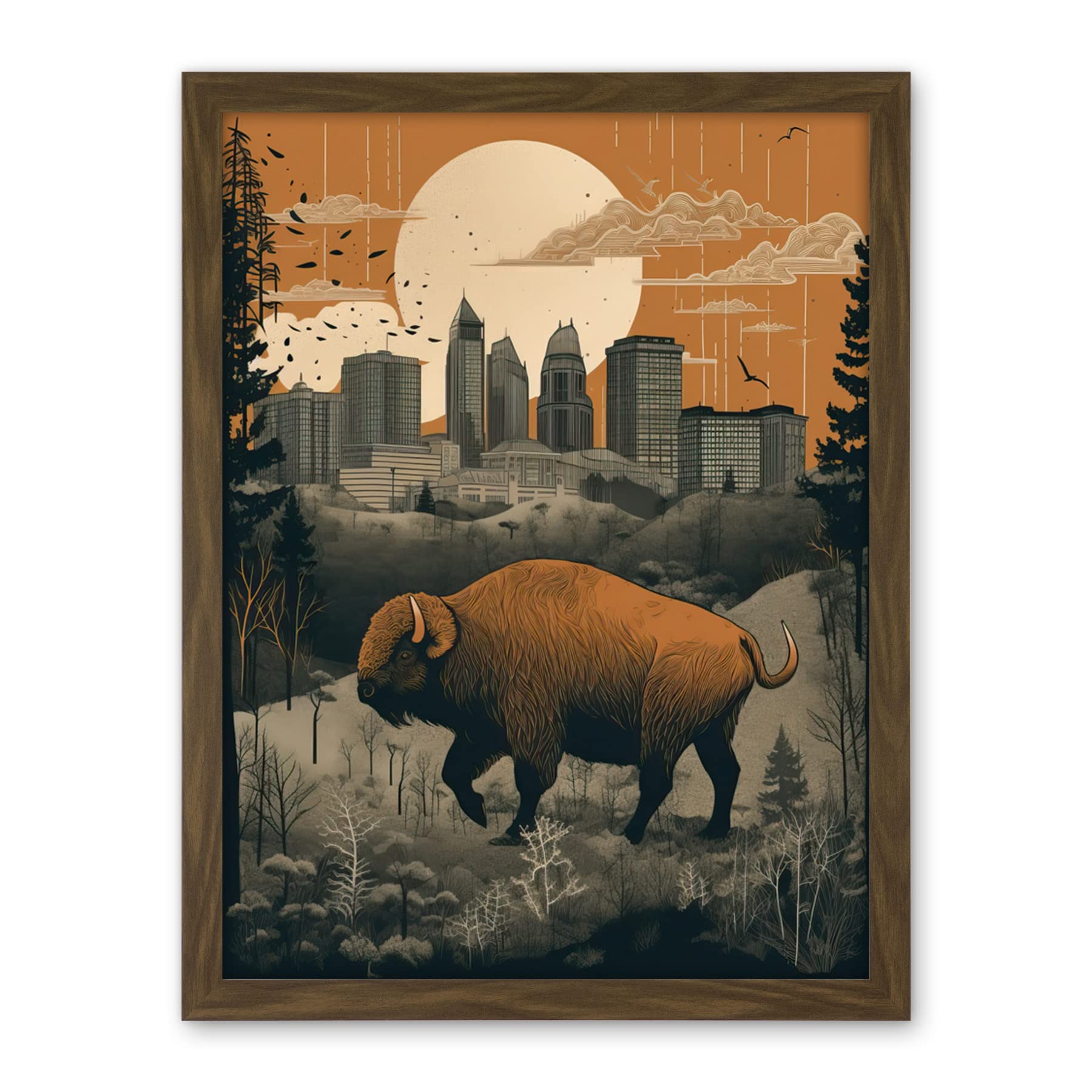 Artery8 Bison in Forest by Urban Cityscape Modern Landscape Artwork Framed Wall Art Print 18X24 Inch