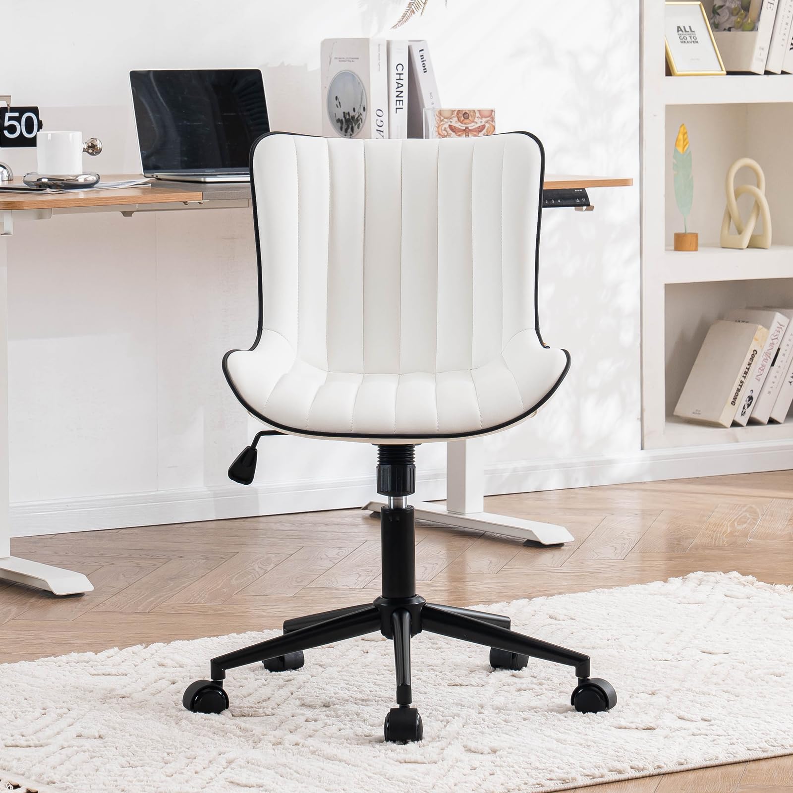 YOUTASTE Silla de Oficina Ergonomica, Silla Giratoria sin Reposabrazos, Silla de Escritorio Regulable en Altura, Silla de Ordenador para Oficina en Casa, Cómoda, Blanco