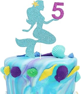 Festiko Little Mermaid Theme Glitter Cake Topper for Birthday/6months/1st/2nd/3rd/4th/5th/6th Cake Decoration Under The Sea Ocean Summer Starfish Seaweed Shells for Girls (5th Birthday)