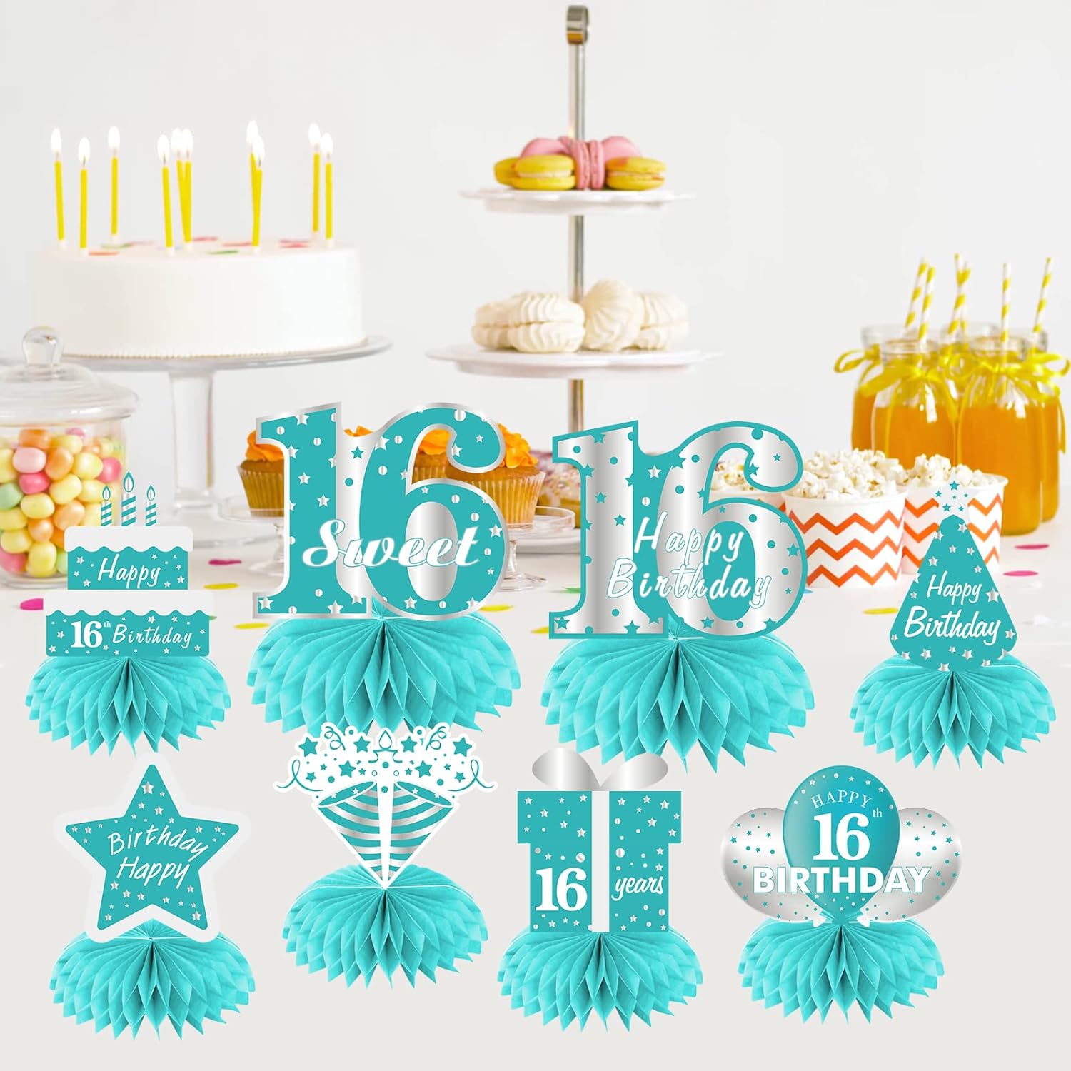 Teal Sweet 16th Birthday Decorations Honeycomb Centerpieces, 8Pcs Breakfast Blue Happy 16 Birthday Table Centerpieces Party Supplies for Girls, Teal Blue Sixteen Bday Party Table Toppers Sign Decor - Image 3