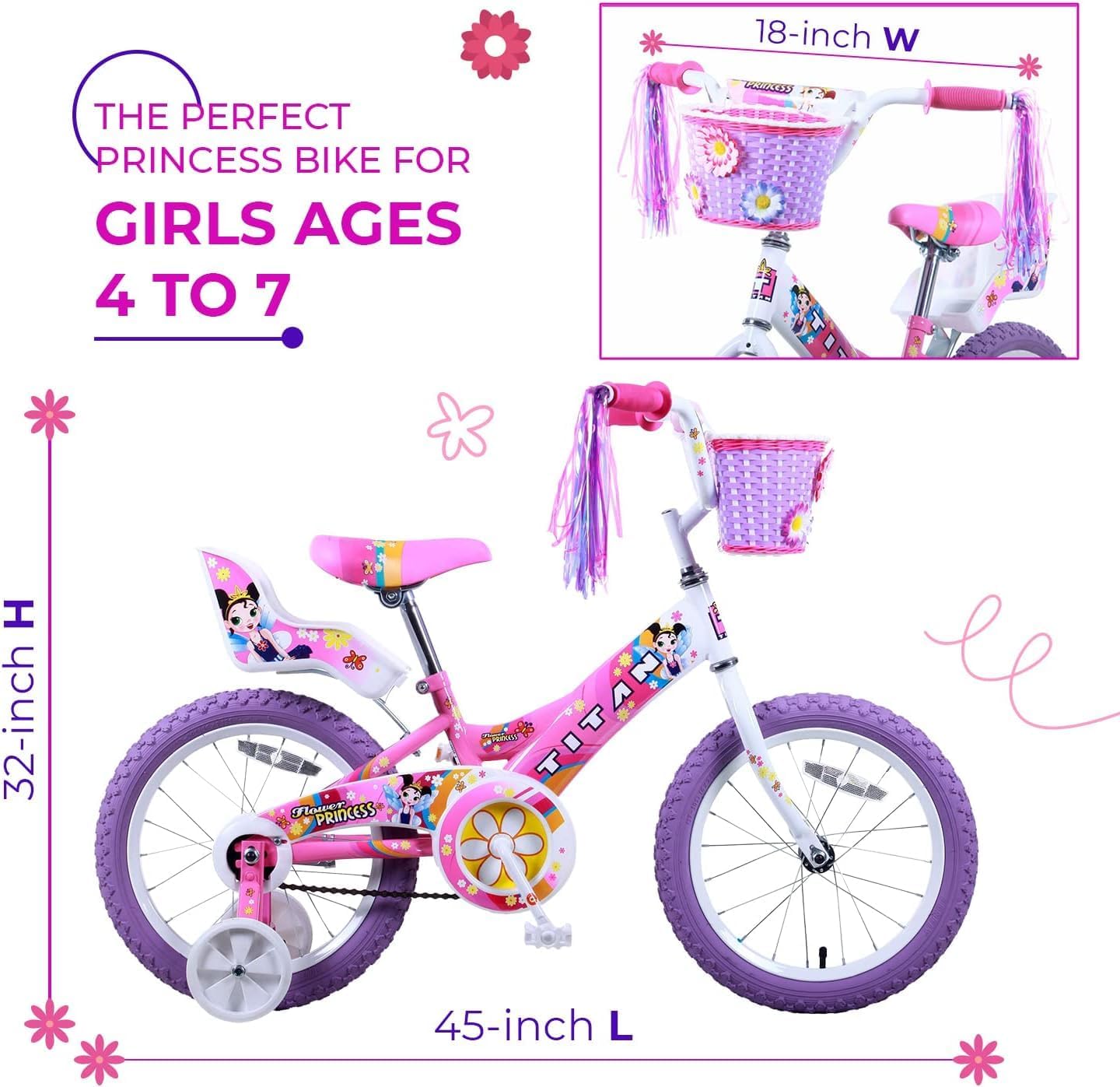 Titan Girls BMX Bike for Kids Ages 4-7, 16-Inch Wheels, 9-Inch Frame, Training Wheels, Toy Seat, Doll Basket, Streamers, First Bike, Princess Bicycle, Gift for Girls | for Kids, Training Wheels, Toy Seat, Doll Basket, Streamers, First Bike