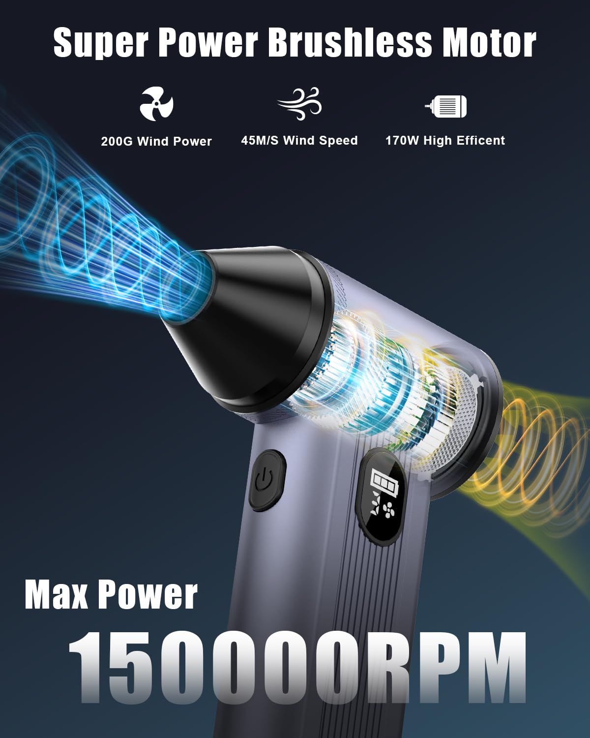 Plumero de aire comprimido inalámbrico con luz LED, batería de 8000 mAh, motor sin escobillas, soplador de aire eléctrico ajustable de 4 engranajes para el hogar, coche, computadora, al aire libre