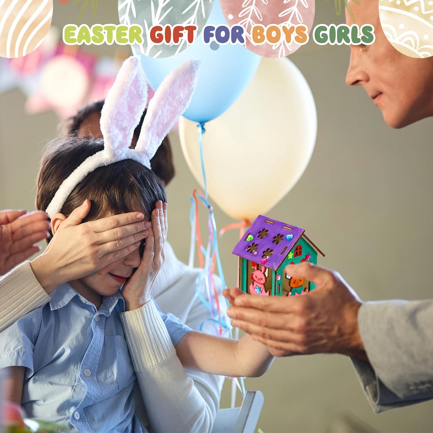 8Pcs Easter Crafts Wooden House with 12 Paint, Easter Arts and Crafts for Boys Girls Ages 3 4 5 6 7 8 12 Years Old, Adults DIY Easter Painting Crafts Kit Activities Bulk Supplies with Easter Egg Bunny