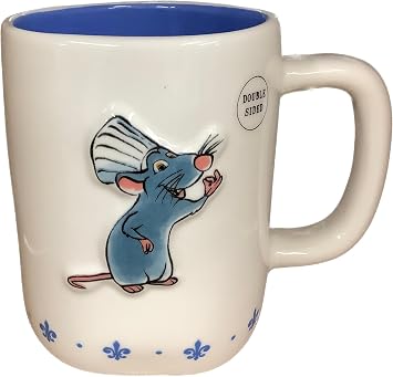 Rae Dunn Disney Pixar Ratatouille Remy Chefs Kiss Ceramic Coffee Mug with Blue Interior, Fleur-de-Lis Design, 14oz
