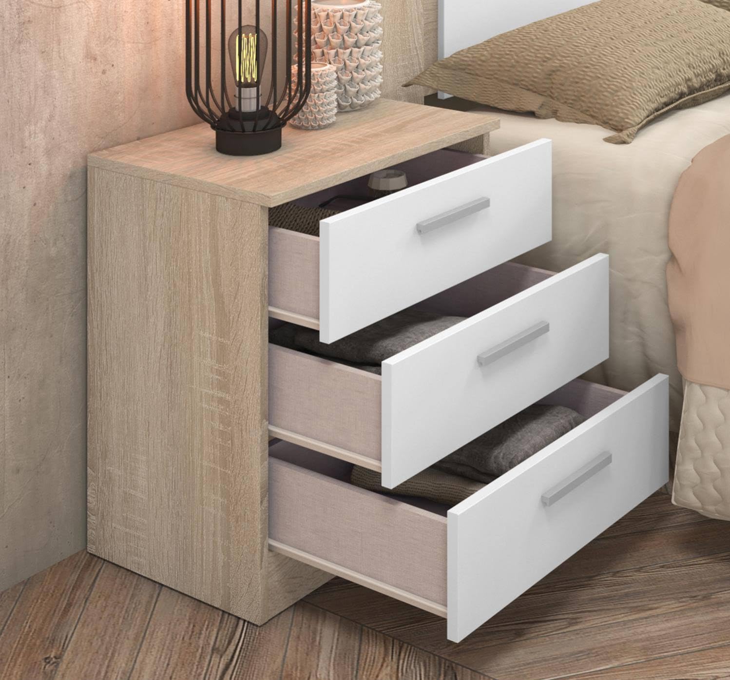 Meyvaser Ensemble tête de lit et 2 tables de chevet, chambre double, chambre complète, finition en cambria et blanc, 220 cm (largeur) x 50 cm (hauteur) x 35 cm (profondeur)