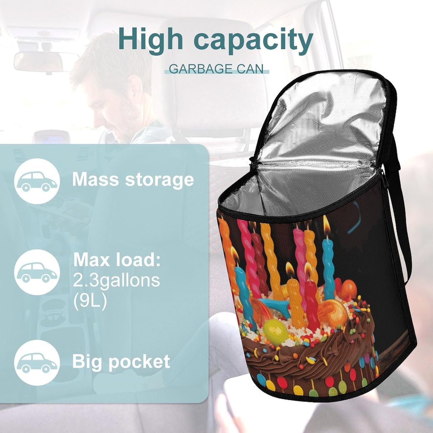 Hanging Car Trash Bag Protable Trash Can Happy Birthday Big Cake Waterproof Garbage Bin for Car