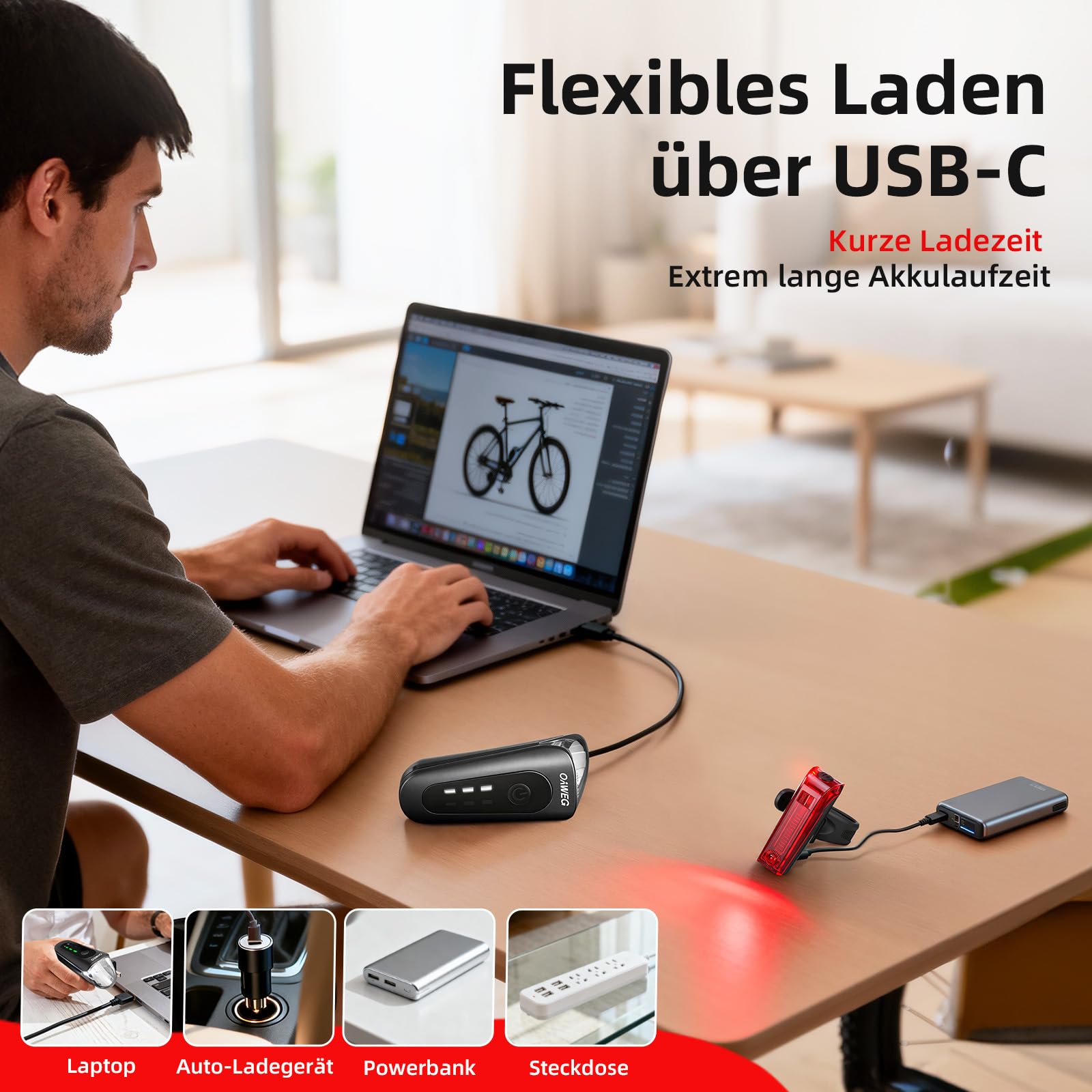 Fahrradlicht Set StVZO zugelassen, 100 Lux Frontlicht mit Auto-Modus, Rücklicht mit Bremslicht blinkend, USB-C aufladbar, Akkuanzeige, IPX4 spritzwassergeschützt, einfache Montage