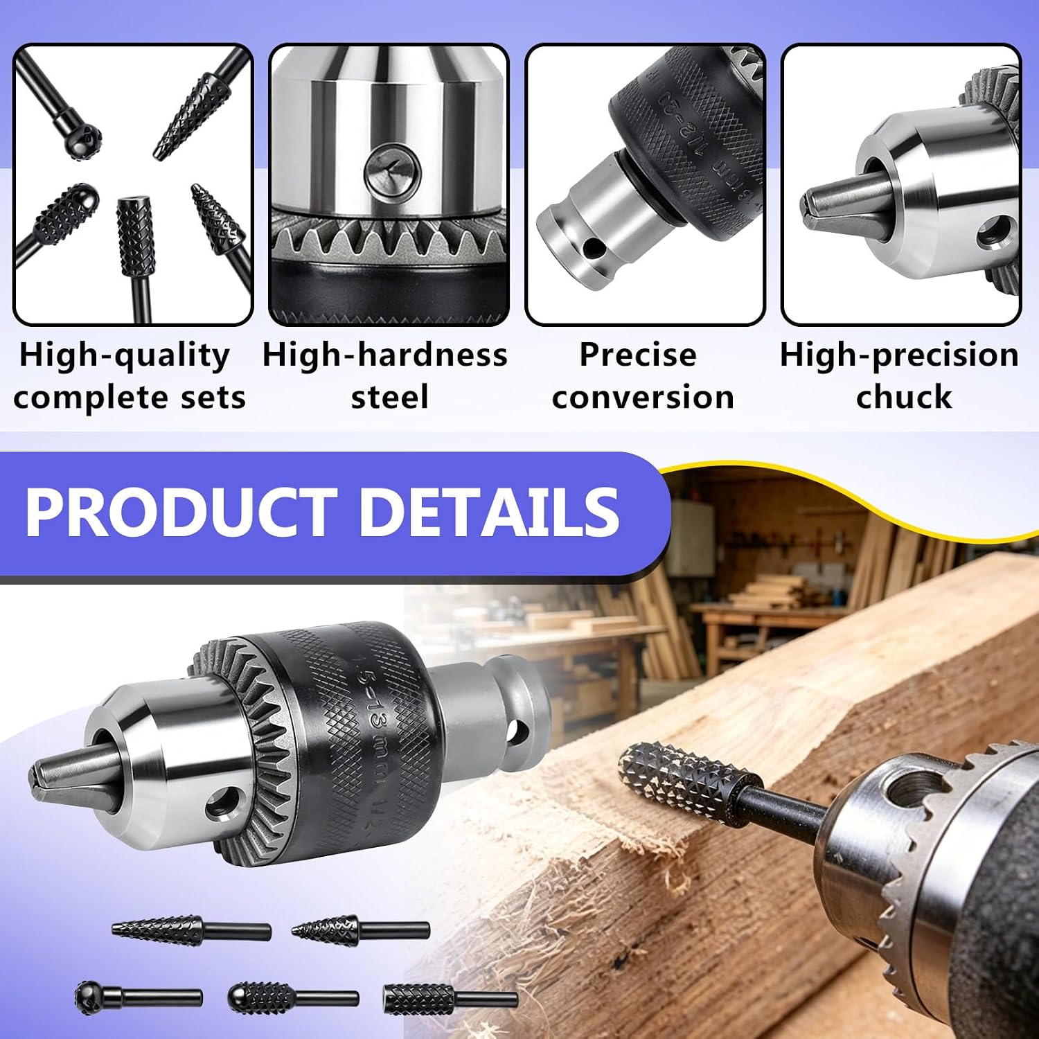 5/8"-11 Thread Angle Grinder Drill Chuck Adapter Kit for DIY, Woodworking | Includes 5Pcs Rotary Burr Files/1/16''-1/2'' Metal Drill Chuck/5/8"-11 to 1/2"-20 Arbor Converter