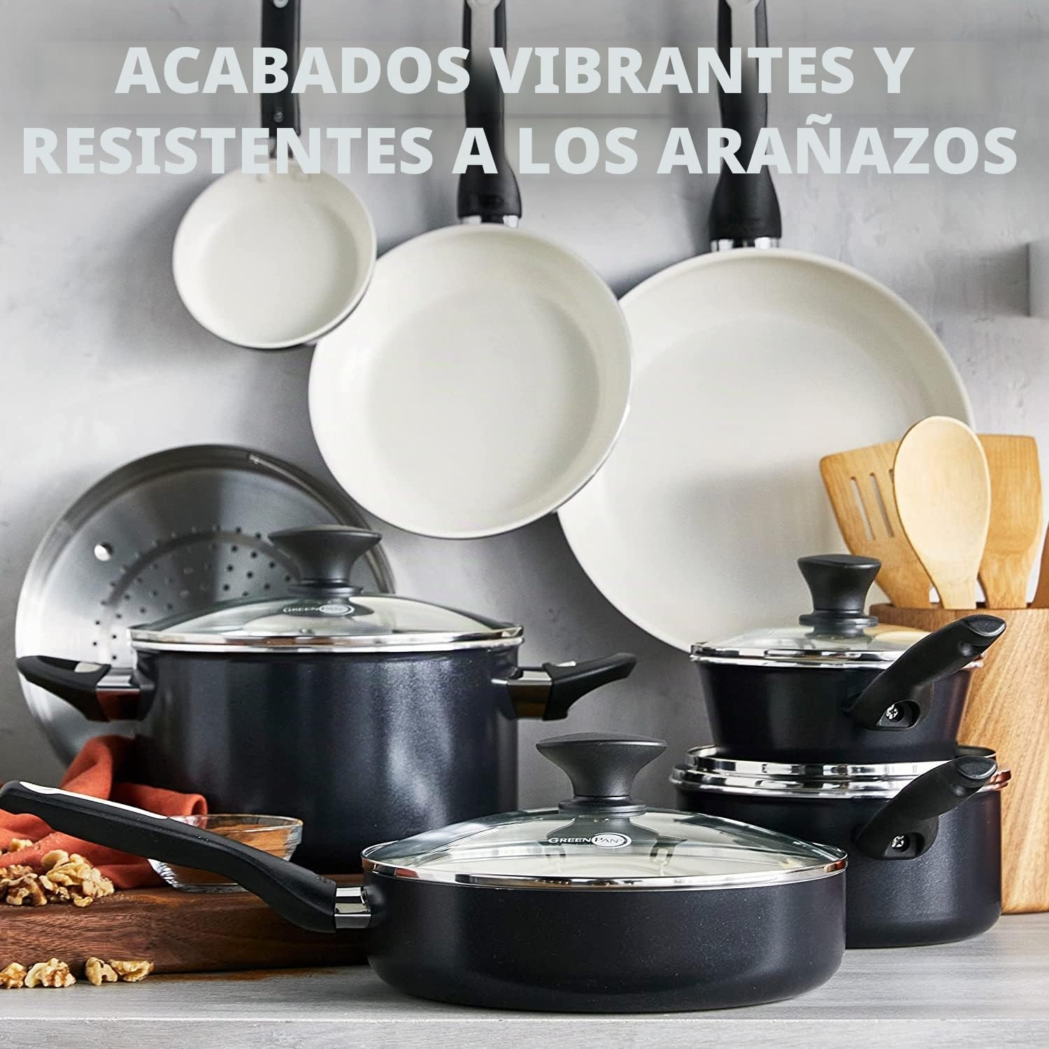 GreenPan Rio Batería de Cocina (16 Piezas), Ceramic, Negro y Crema
