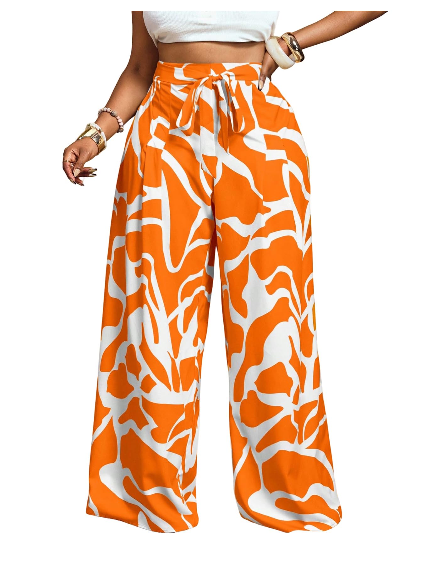 Floerns Womens Plus Size Graphic Wide Leg Pants Belted High Waist Beach Palazzo Trousers