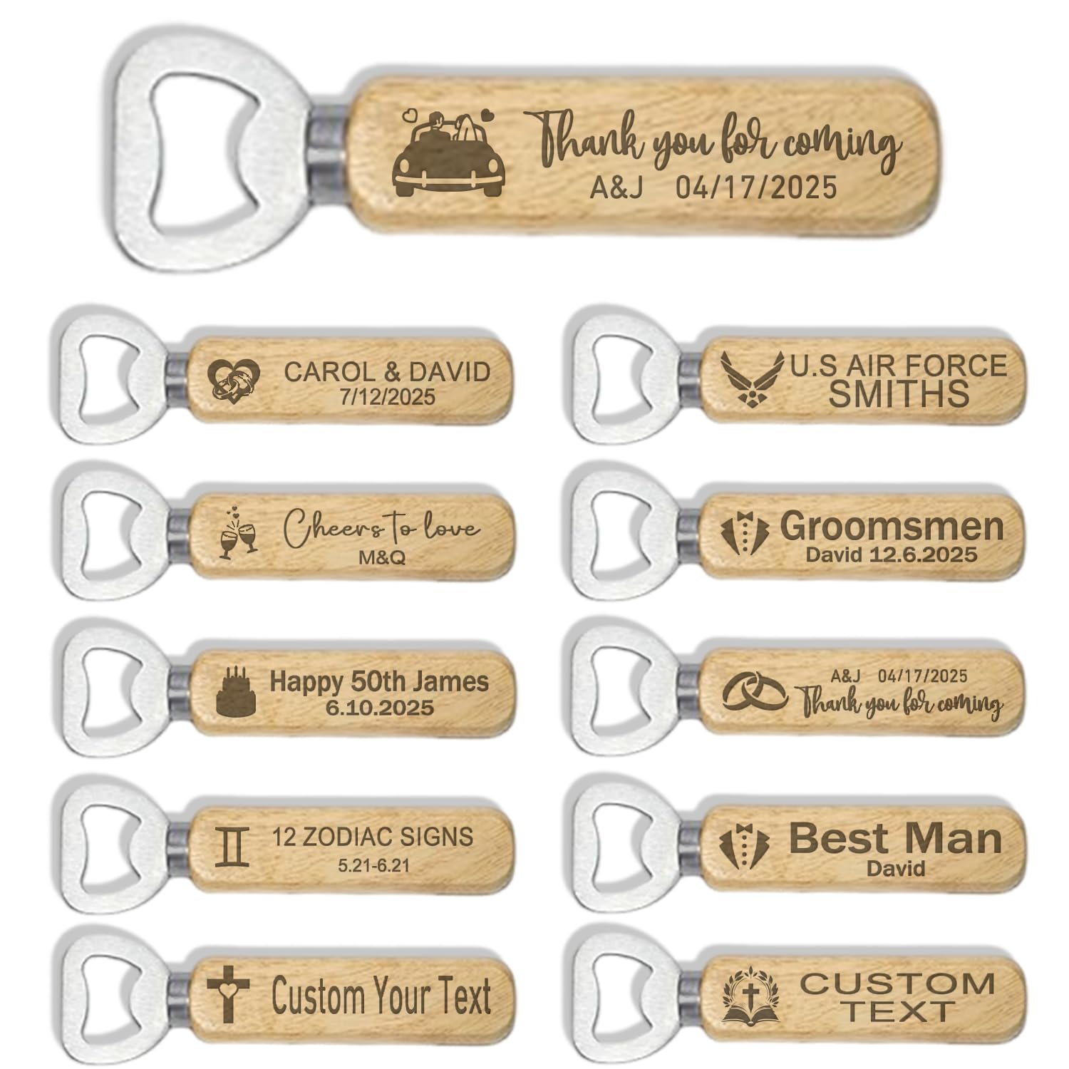 1-300 Pcs Custom Bottle Opener with Wood Handle Custom Wood Engraved Opener Laser Engraved Any Text Logo for Bar, Family, Wedding Favors, Brewery,
