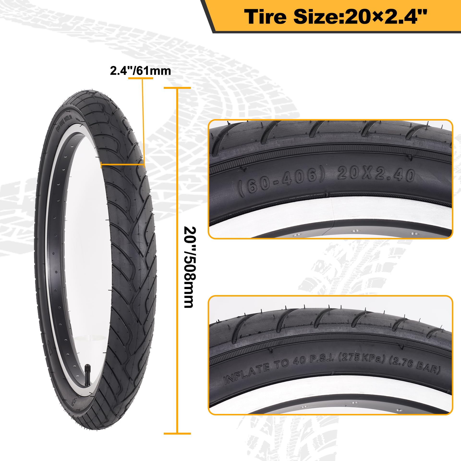 20x2.4 Pneus de Vélo Pliables Renforcés et Chambres à Air Valve Schrader