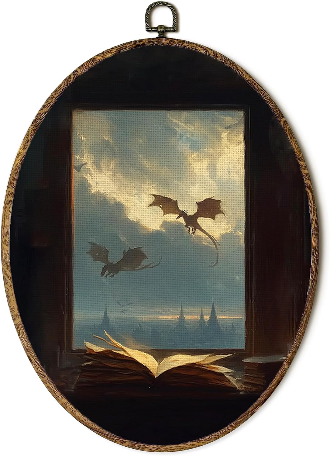 FSTCSV Fantasy Dragon Window Oval Wall Art Framed, Vintage Book Dragon Canvas Prints Wall Hanging Art, Gifts for Books Lovers Bookish Oval Walls Decor for Home Bedroom Library, 8.8x11.5in