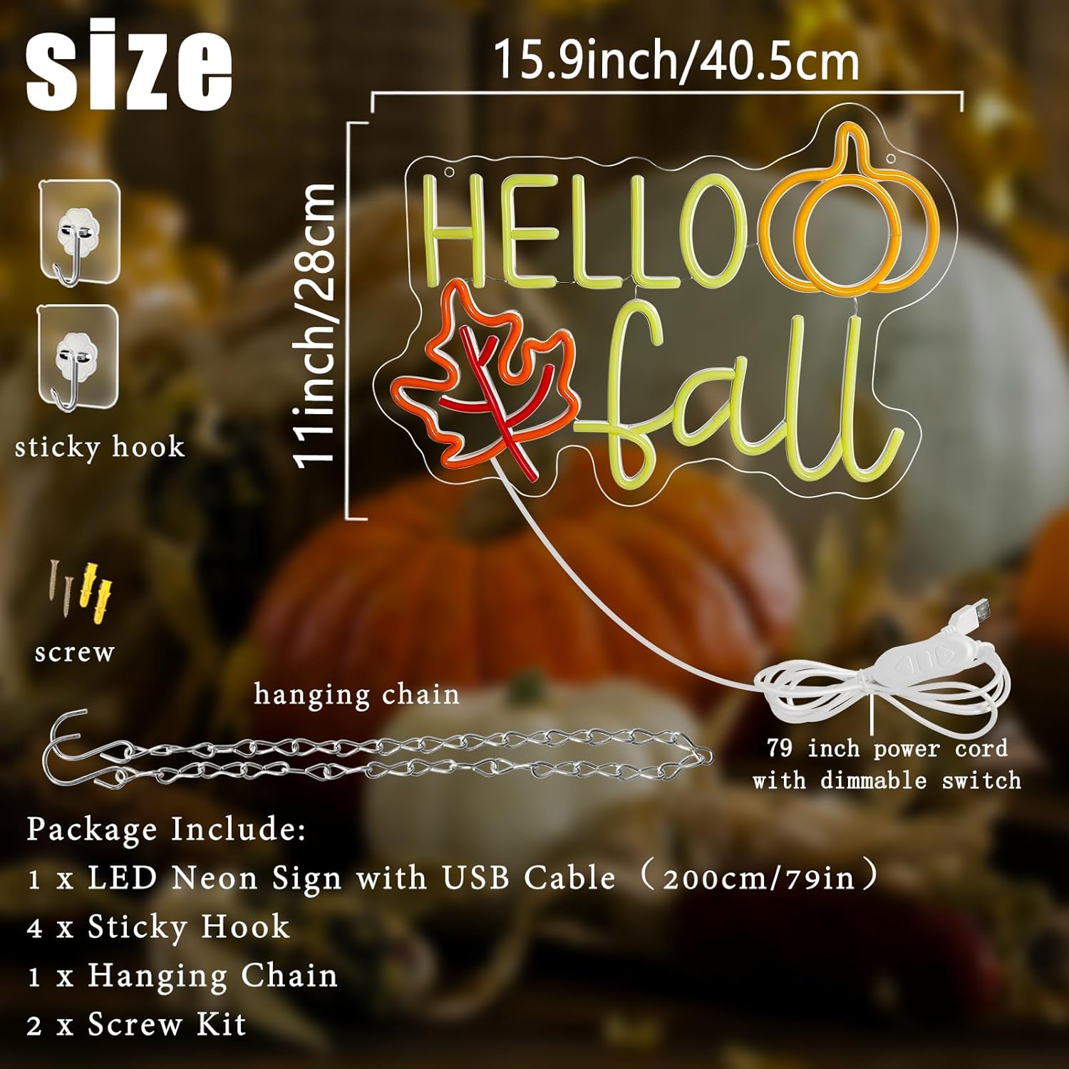 Hello Fall Neon Sign, Dimmable Autumn Neon Lights With Maple Leaf for Wall Decor, Fall Pumpkin Led Light Up Signs for Thanksgiving Autumn Theme Party Backdrop Halloween Wedding Birthday Presents - Image 3