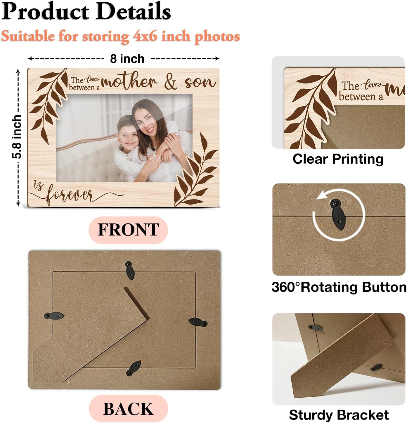 Mother & Son Photo Frame, The Love Between a Mother & Son is Forever Picture Frame, 4x6 Wooden Picture Frames Best Gifts for Mothers Day Birthday, Home Office Shelf Table Decor -010 - Image 2