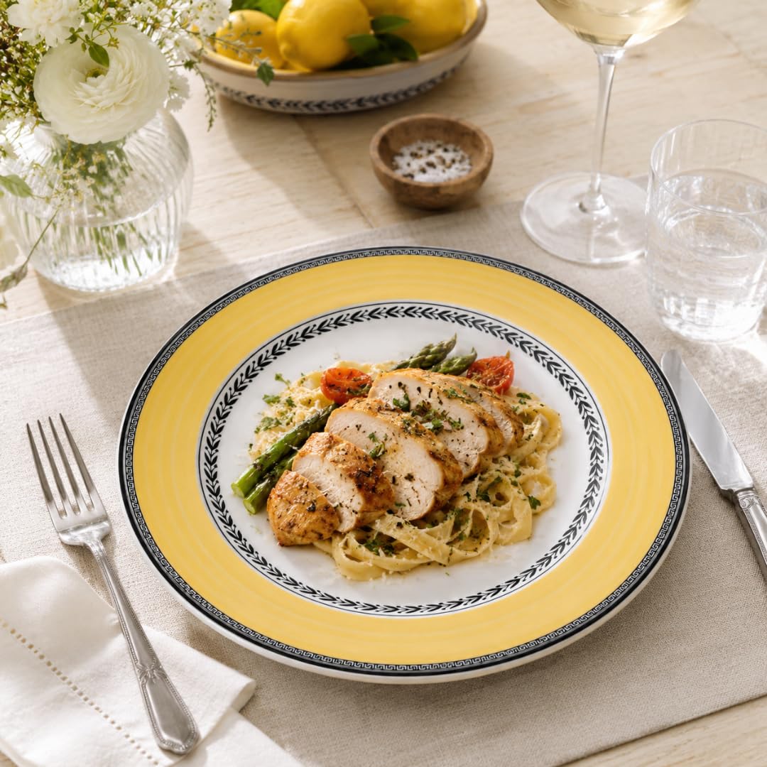 Villeroy & Boch Audun Fleur Plato llano, 27 cm, Porcelana Premium, Blanco/Gris/Amarillo | Porcelana, diseño multicolor, una pieza, entrantes, ensaladas compuestas, aperitivos compartidos