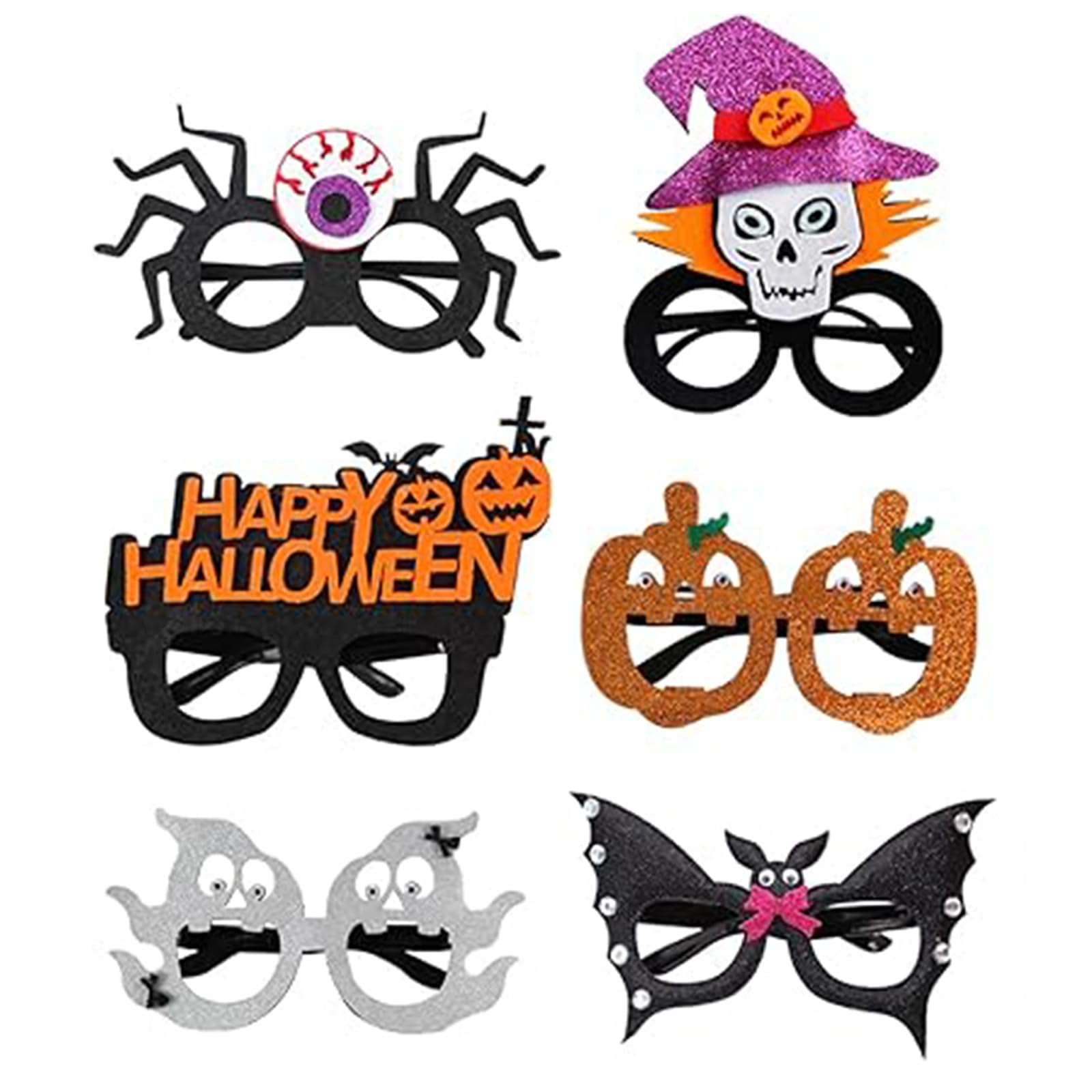 BNOYONERAS 6Pcs Halloween Party Glasses, Funny Halloween Glasses Novelty Party Glasses, Halloween Headwear Plastic Glasses Spider Bat Witch Devil for Kids Adults Decorations for Halloween Party