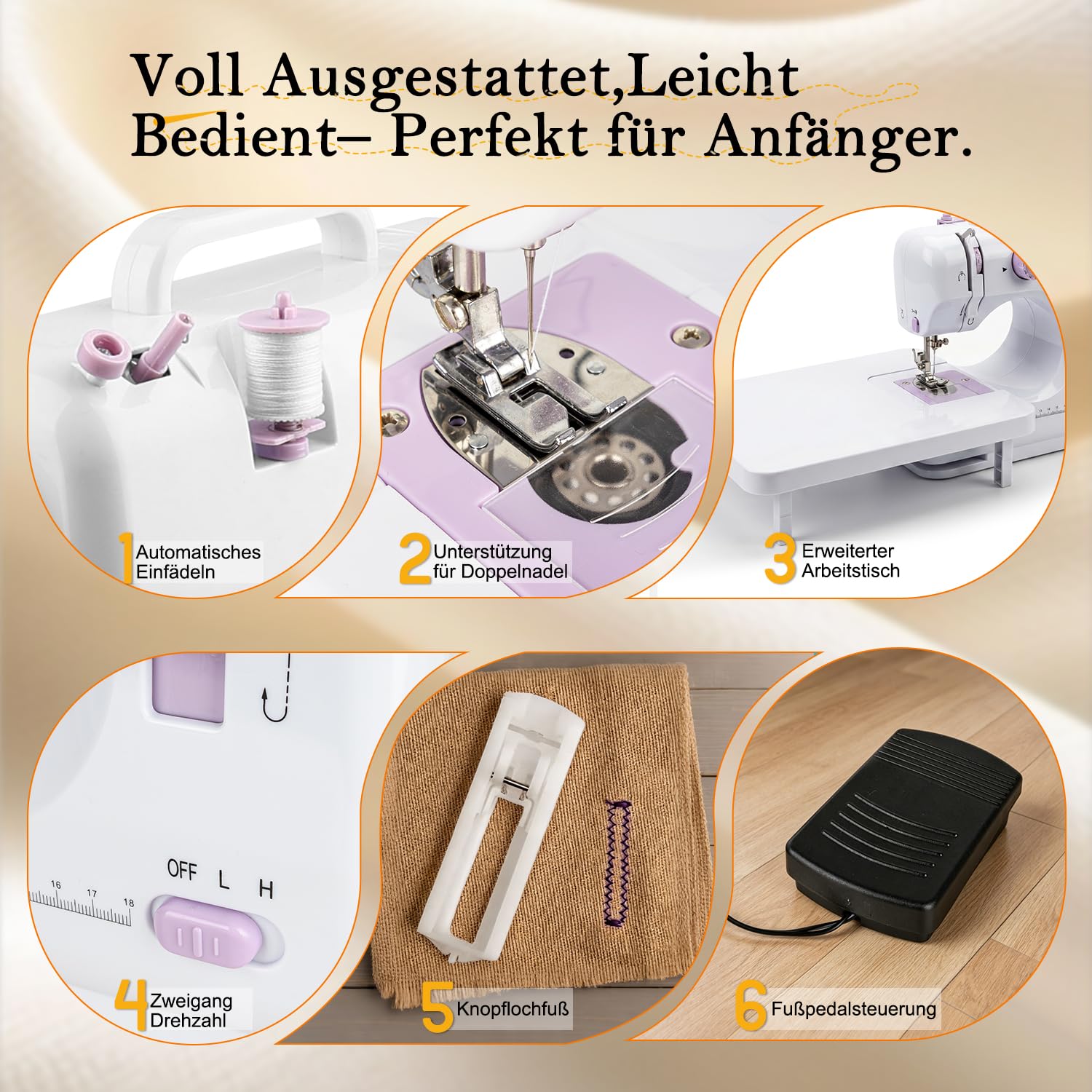 Tragbare Nähmaschine Anfänger mit 12 Stichmustern Nähzubehör- Nähmaschine Elektrisch mit 42 Teilen Zubehör, Leicht für DIY & Handarbeit - für Kinder & Erwachsene (Lila/Weiß)