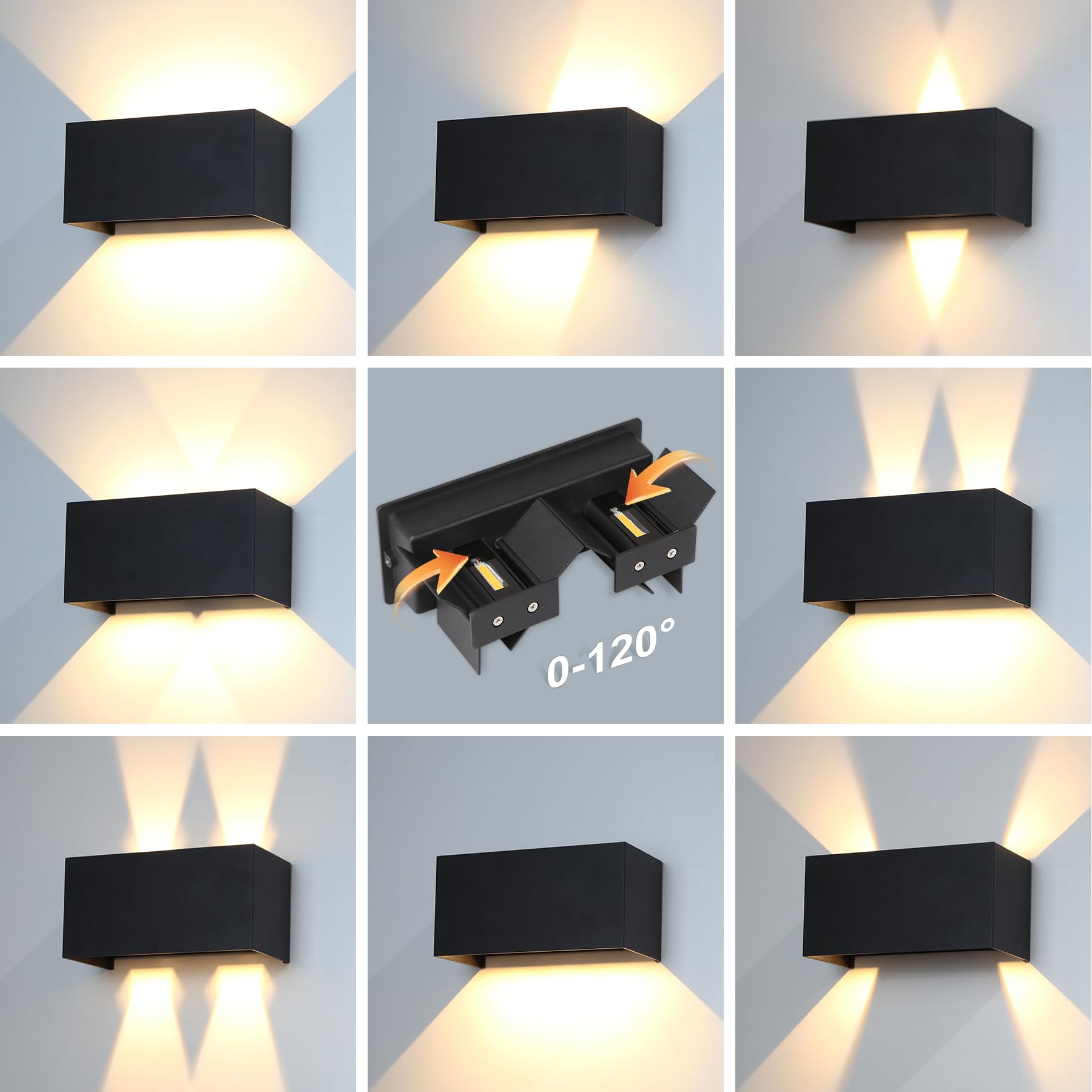 Aplique Pared Exterior LED 12W, Luz Exterior 3000K Blanco Cálido,Lampara Exterior Pared Impermeable IP65 Ángulo de haz Ajustable Aplique de Interior Aluminio Negro para Terraza,Jardín,Balcón