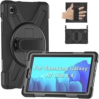 for Samsung Galaxy Tab A7 Lite Case 8.7" (SM-T220/ T225/ T227), Heavy Duty Full-Body Shockproof Protective Case with Rotating Stand, Hand/Shoulder Strap for Tab A7 Lite, Black