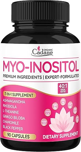 Organic Cadane Myo Inositol & Ashwagandha Cápsulas con Rhodiola, L-Teanina, Ginkgo Biloba y más Apoya el equilibrio corporal y digestivo Vegano,