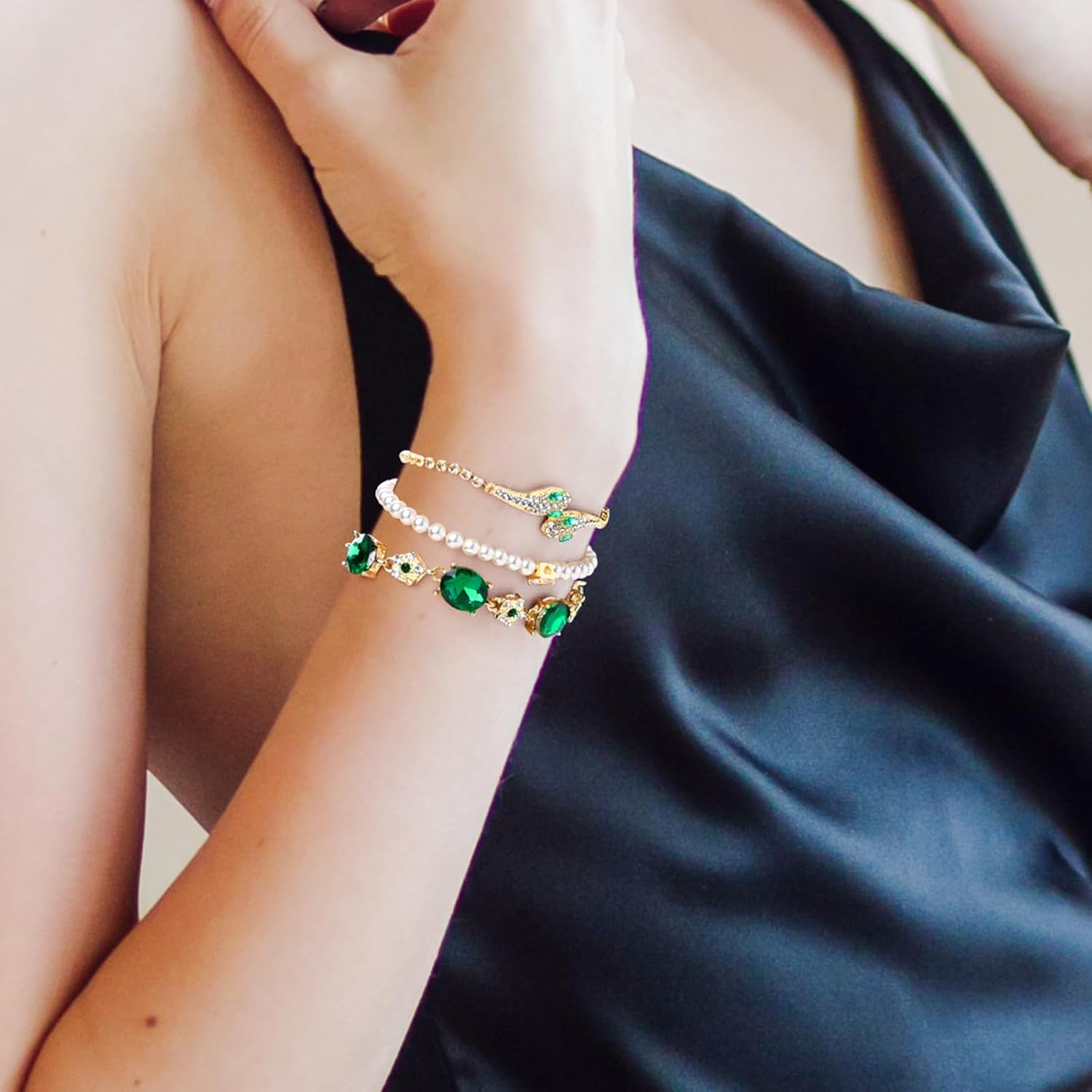 18K Gold Plated Green Bracelet Set for Women Snake Bracelets with Adjustable Slider Shiny Cubic Zirconia Jewelry Gifts for Women - Image 7