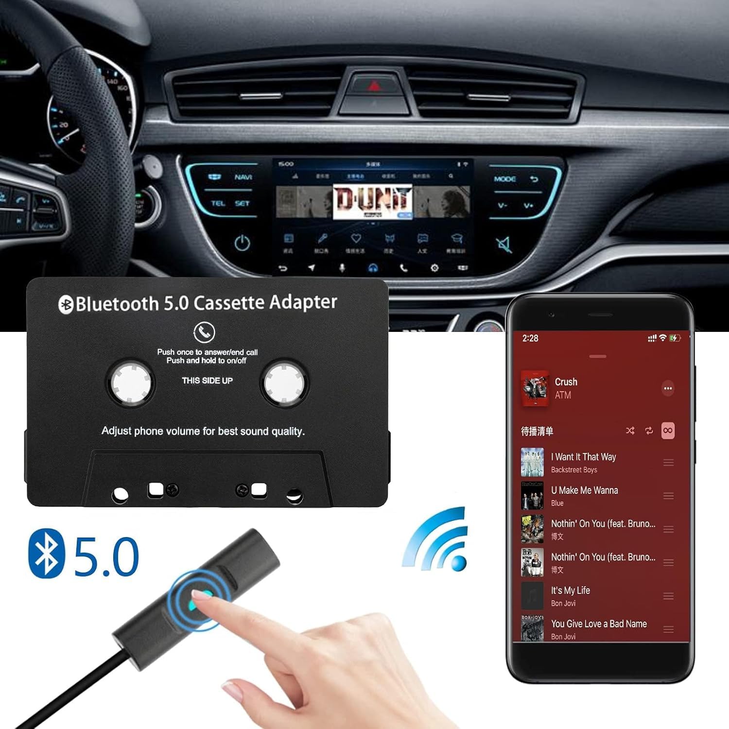 Adattatore Cassetta Autoradio BT 5.0, Aux Adaptador Cassetta Adattatore da Auto con Microfono per Chiamate Lettore di Cassette per MP3 CD Convertitore Radio