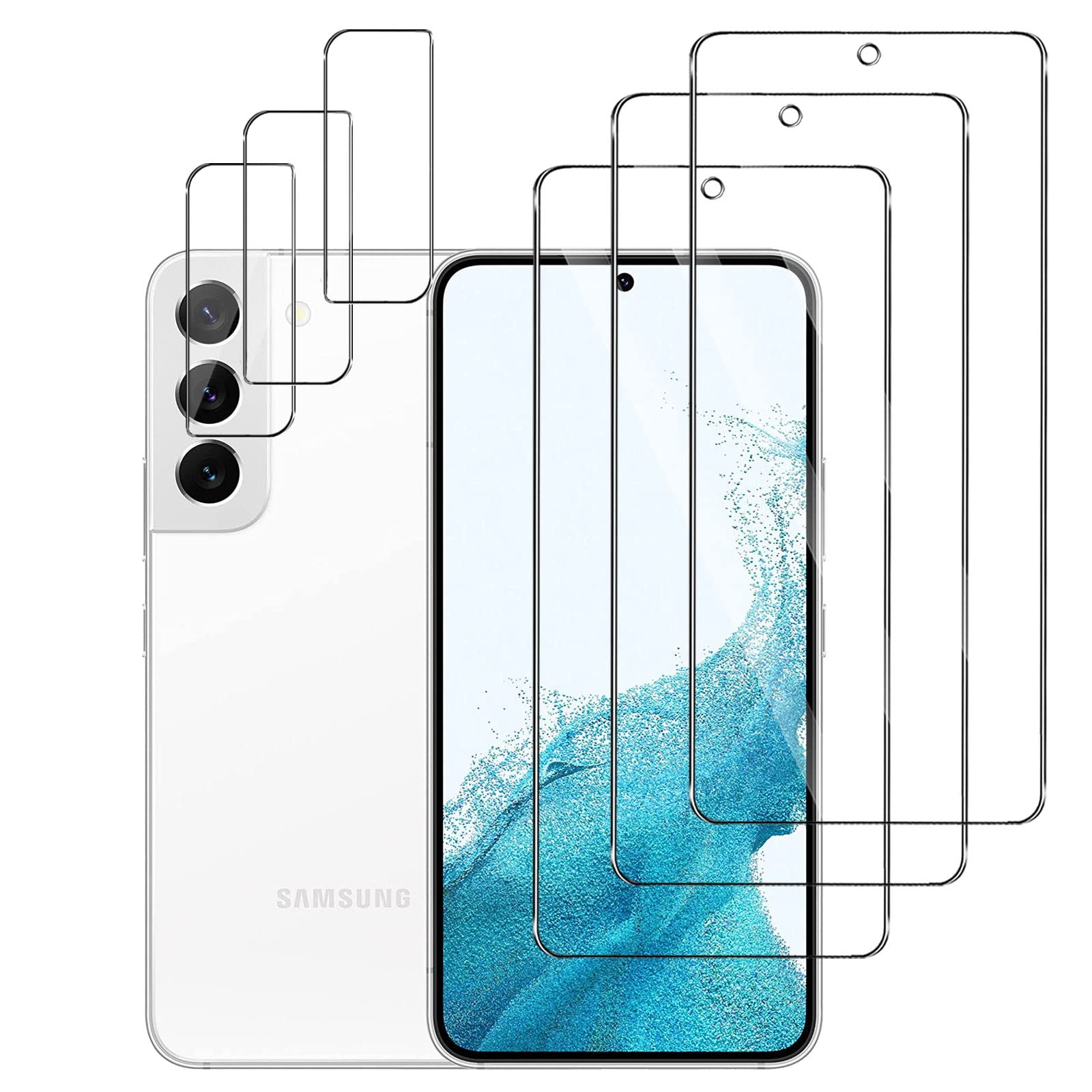 (3 + 3 pieces) Tempered Glass Screen Protector for Samsung Galaxy S22 5G + Camera Film, 9H Hardness Tempered Glass Film, AntiFingerprint, HD Tempered Glass Film for Samsung Galaxy A53 5G