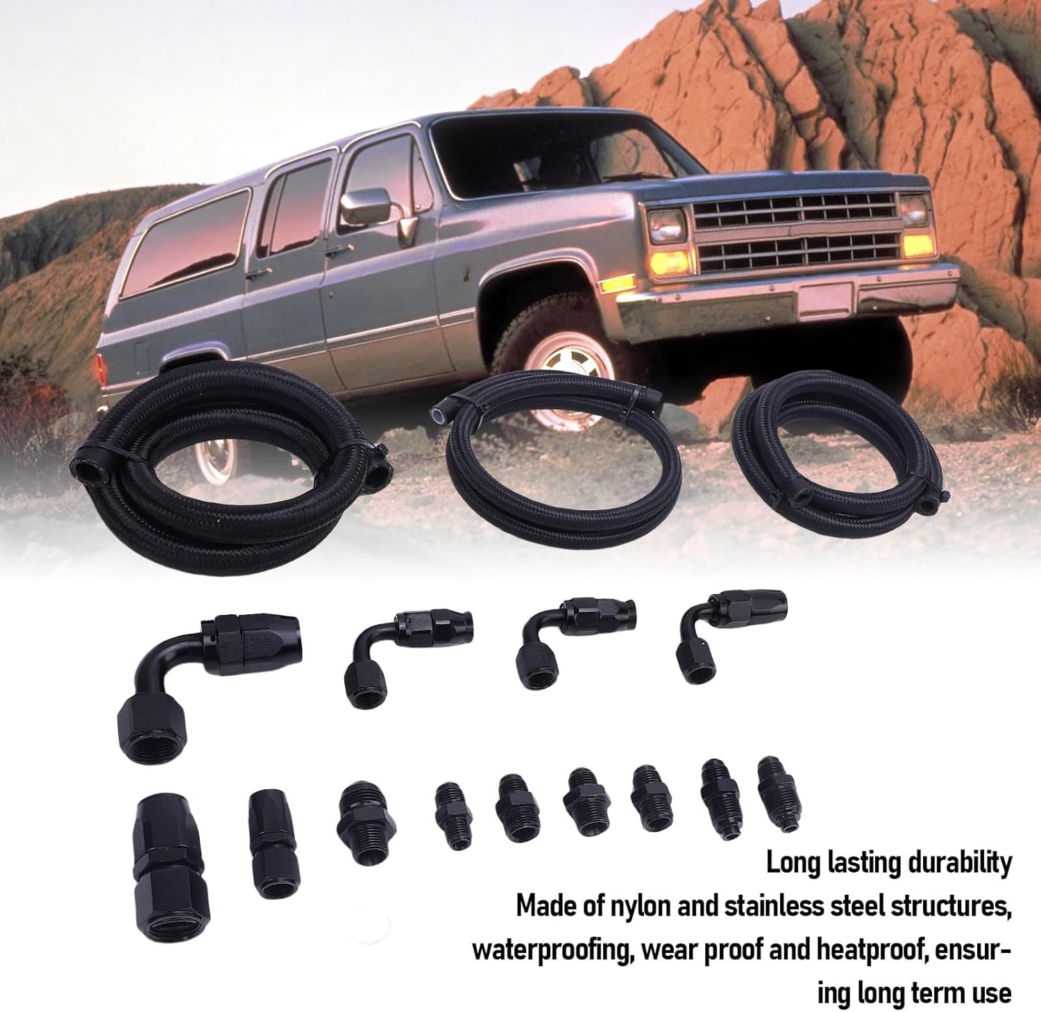 Jonlaki Power Steering Hose Kit, Universal Nylon Stainless Steel Fittings for Remote Reservoir Tank, with AN Adapters for Most Common Applications